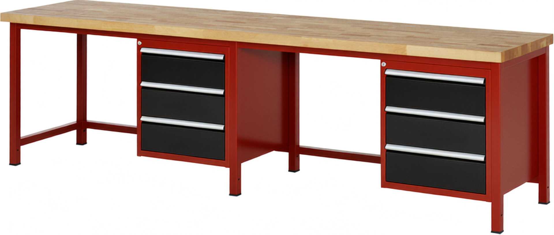 RAU Werkbank rot - schwarz - Breite 300 cm - Tiefe 70 cm - Höhe 104 cm - Buche-Massiv Arbeitsplatte 40 mm