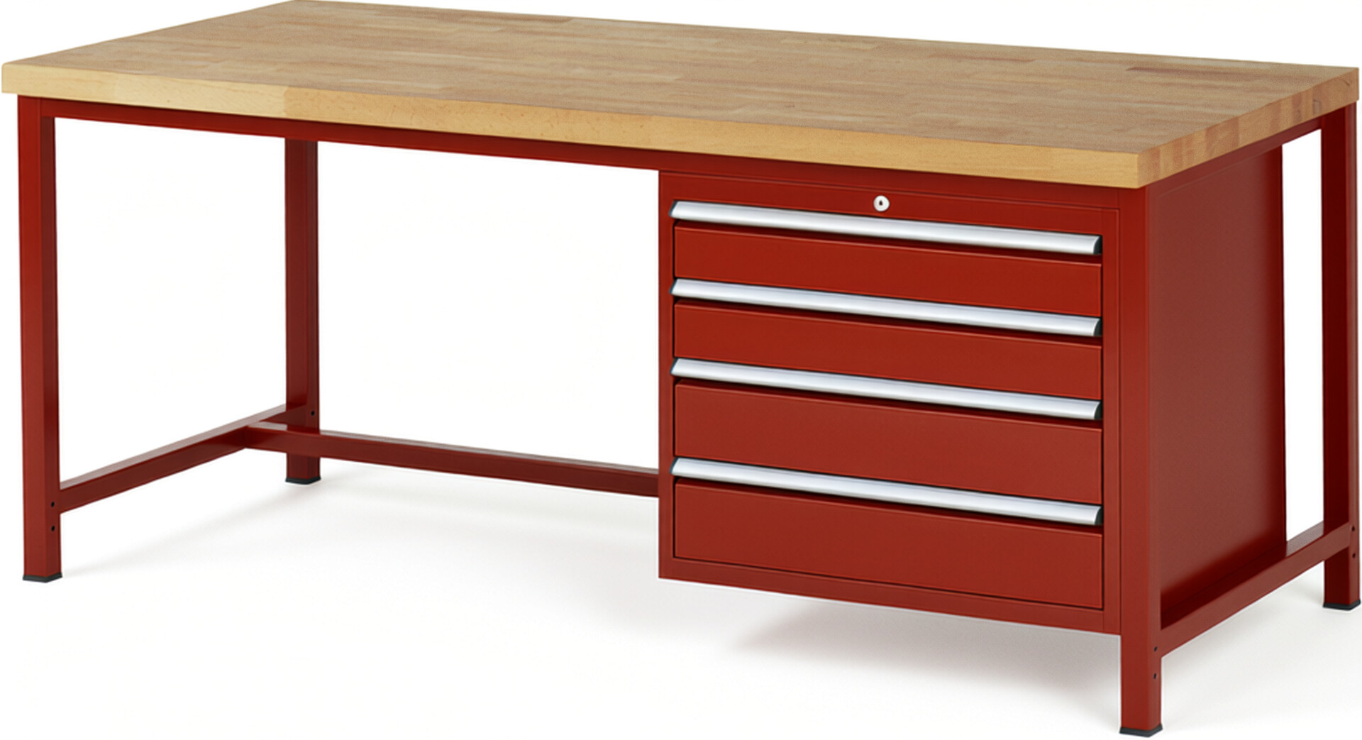Werkbank Modell 8262 rot, BxTxH 2000x900x840 mm,  Buche-Massiv Arbeitsplatte 40 mm,  4 Schubladen mit  Auszug 90 %