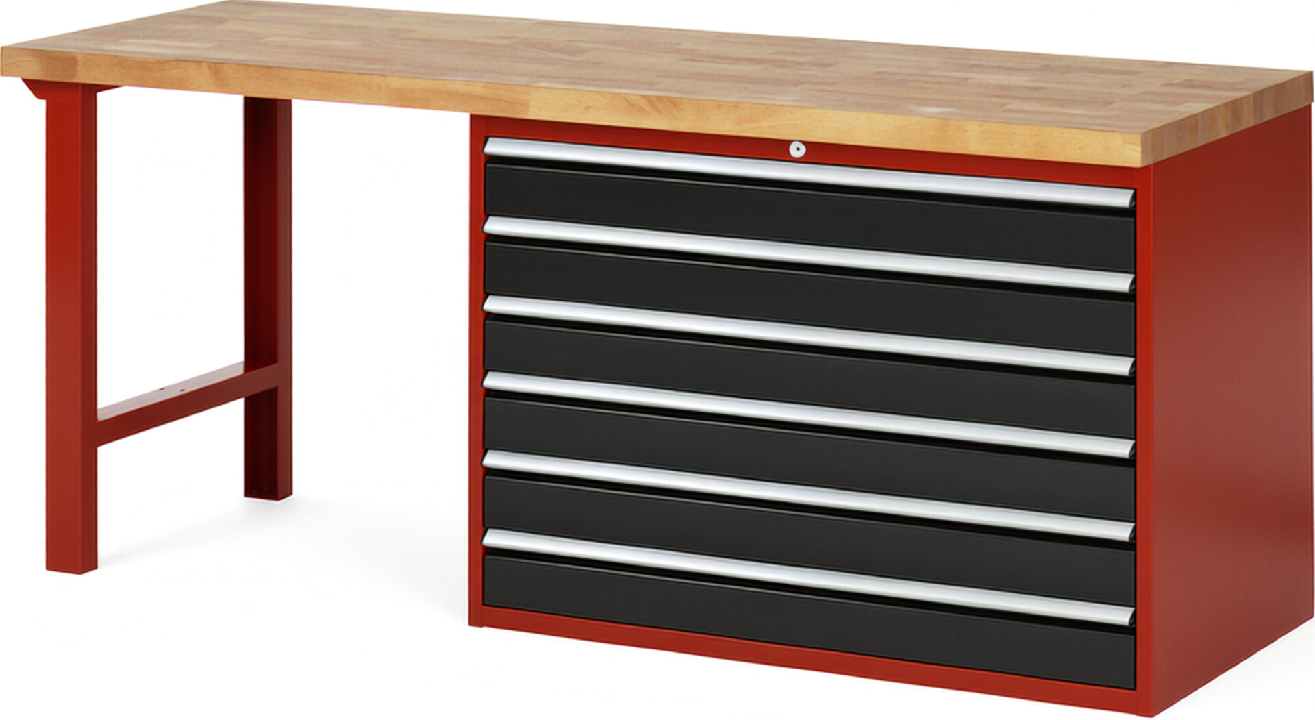 Werkbank Modell 7716 rot - schwarz, BxTxH 2000x700x890 mm,  Buche-Massiv Arbeitsplatte 40 mm,  6 Schubladen mit  Auszug 90 %