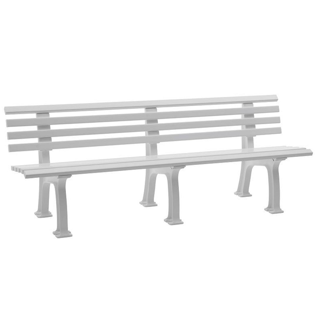 Parkbank aus Kunststoff, mit 3 Füßen, 5 Sitz- und 4 Lehnlatten 50x30 mm, Breite 2000 mm, weiß
