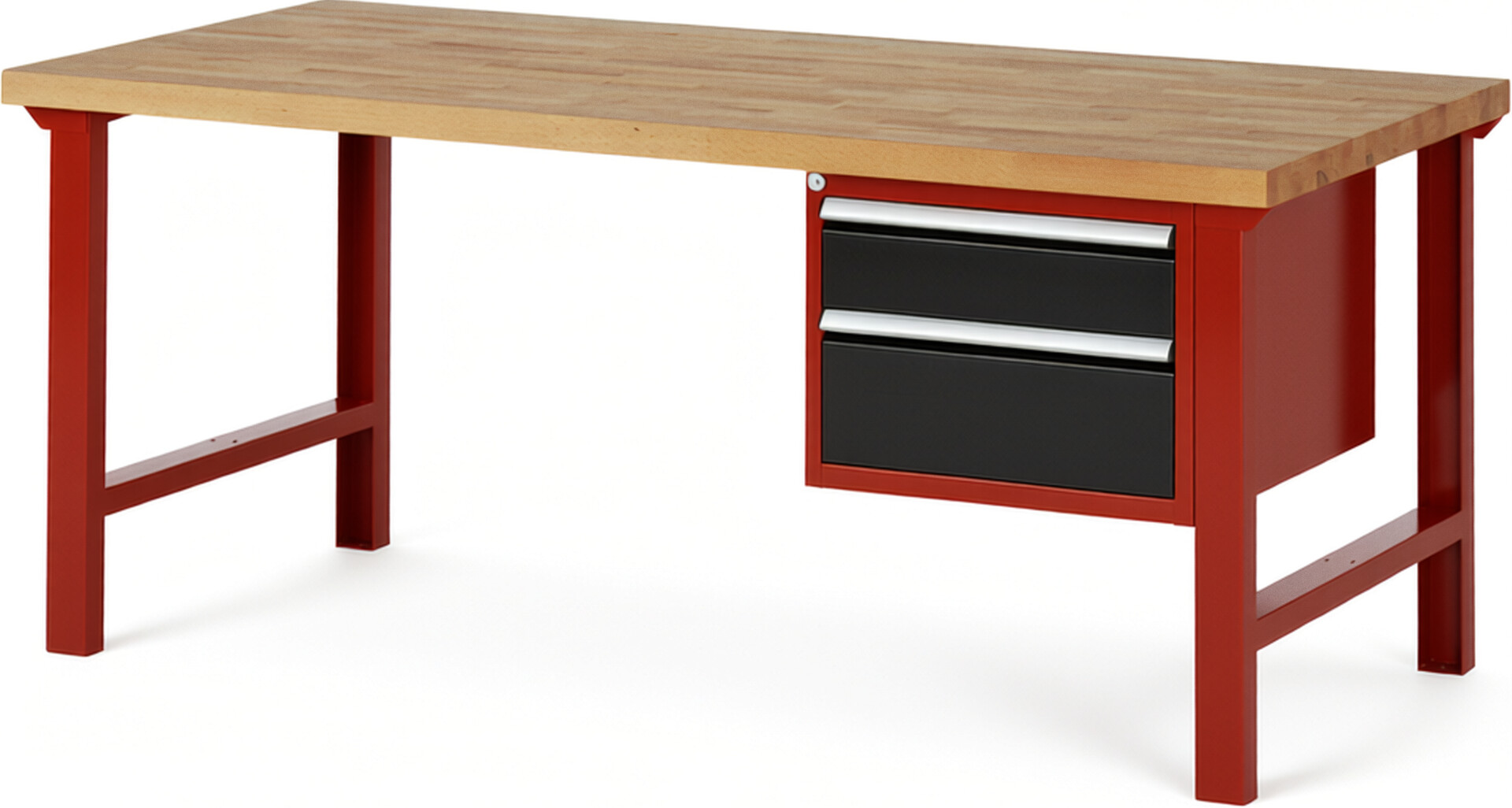Werkbank Modell 7123 rot - schwarz, BxTxH 2000x900x840 mm,  Buche-Massiv Arbeitsplatte 40 mm,  2 Schubladen mit  Vollauszug 100 % und  SoftClosing