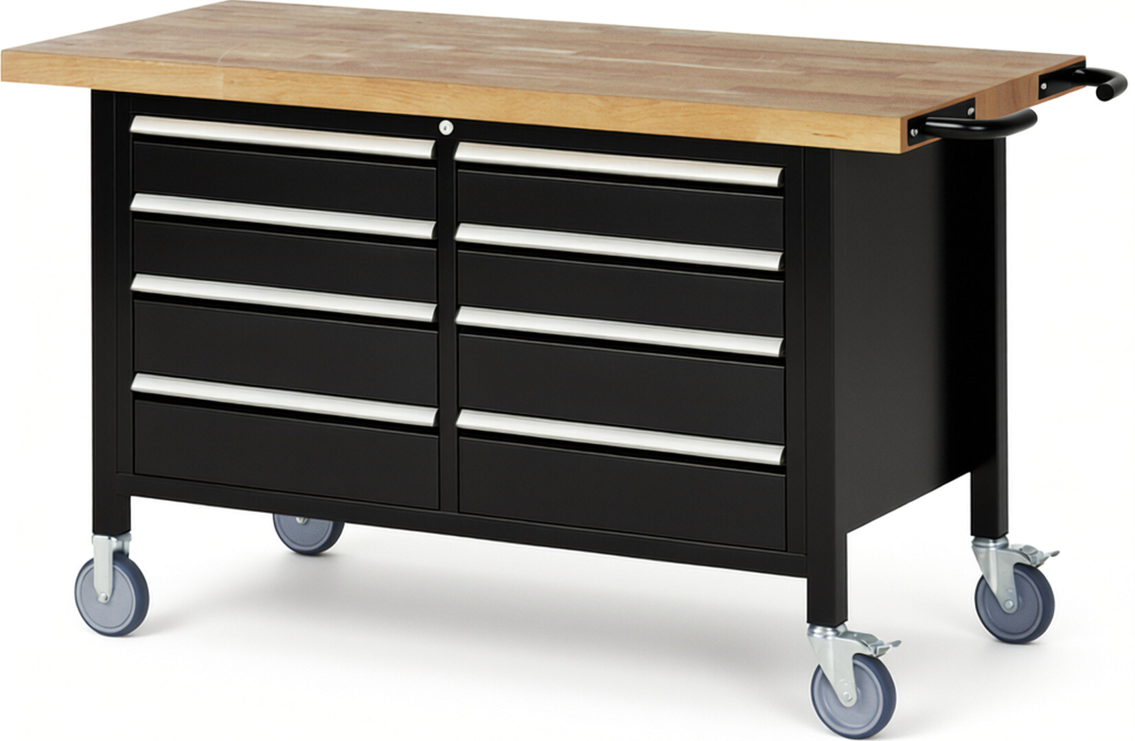 Fahrbare Werkbank Modell 8477 schwarz, BxTxH 1500x700x880-1080 mm,  Buche-Massiv Arbeitsplatte 40 mm,  8 Schubladen mit  Auszug 90 %