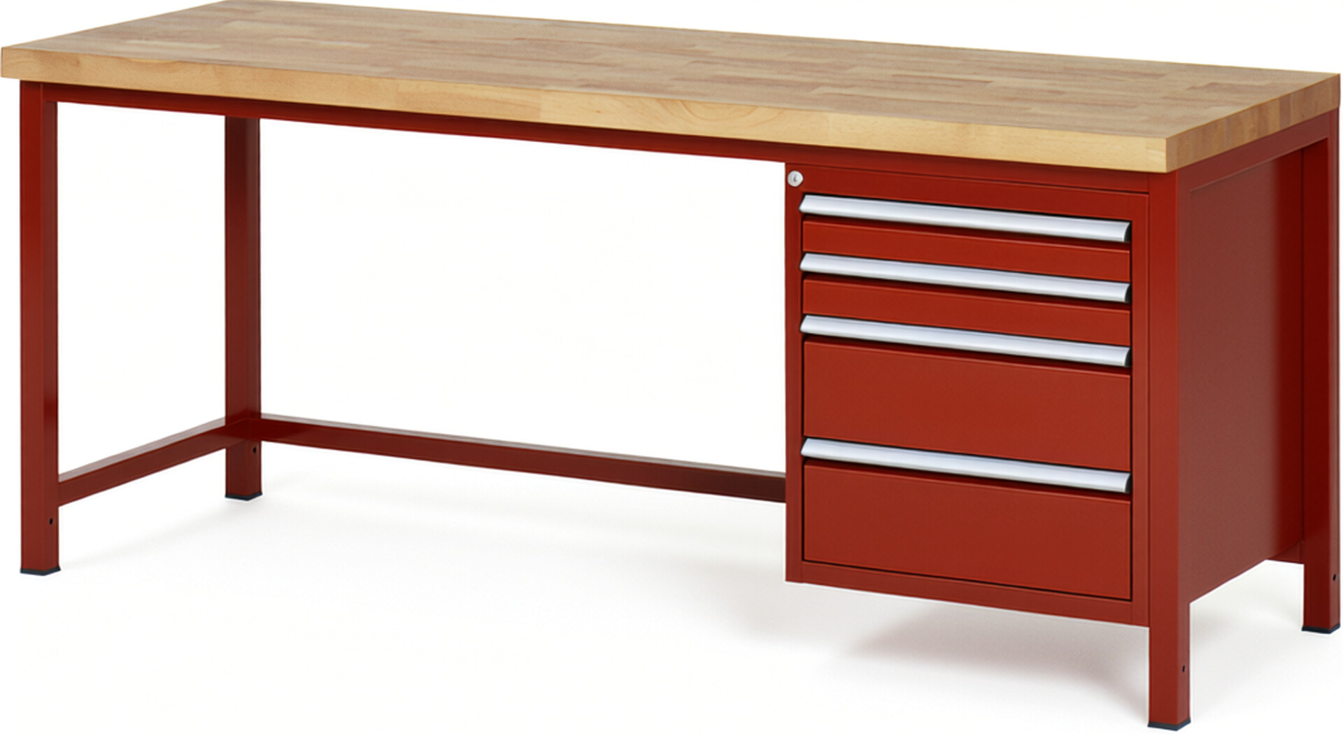 Werkbank Modell 8161 rot, BxTxH 2000x700x840 mm,  Buche-Massiv Arbeitsplatte 40 mm,  4 Schubladen mit  Auszug 90 %