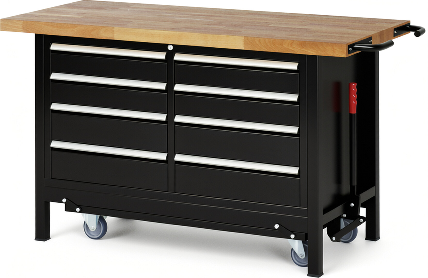 Absenkbare Werkbank Modell 8477 schwarz, BxTxH 1500x700x880 mm,  Buche-Massiv Arbeitsplatte 40 mm,  8 Schubladen mit  Auszug 90 %