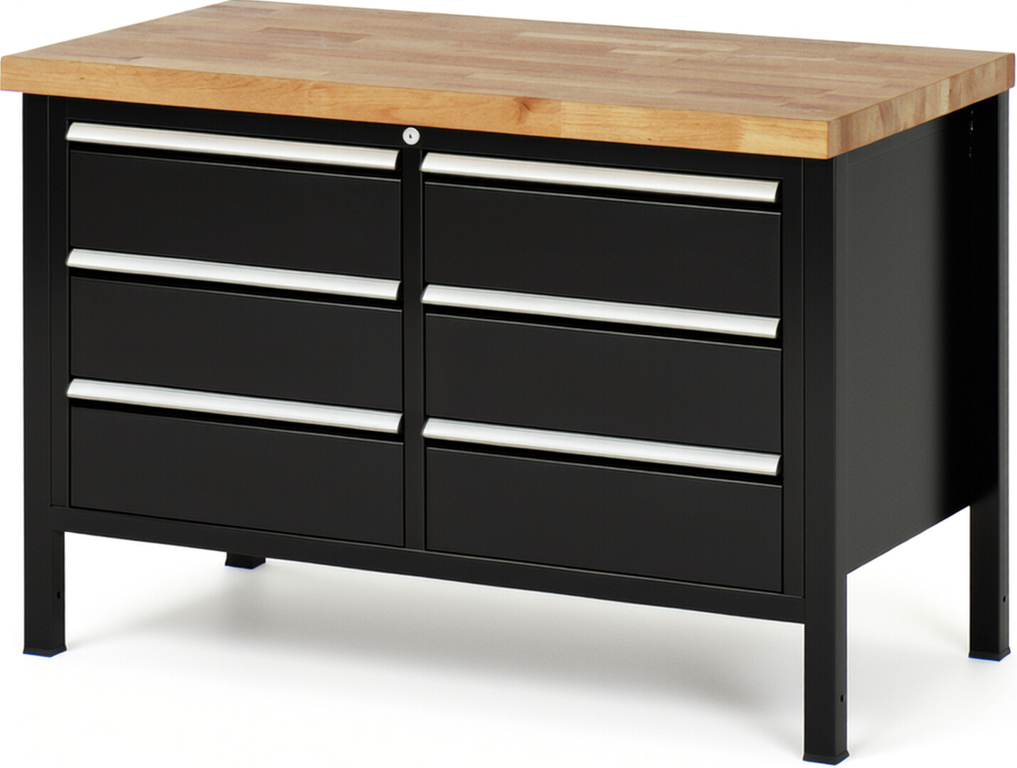 Werkbank Modell 8473 schwarz, BxTxH 1250x700x840 mm,  Buche-Massiv Arbeitsplatte 40 mm,  6 Schubladen mit  Auszug 90 %