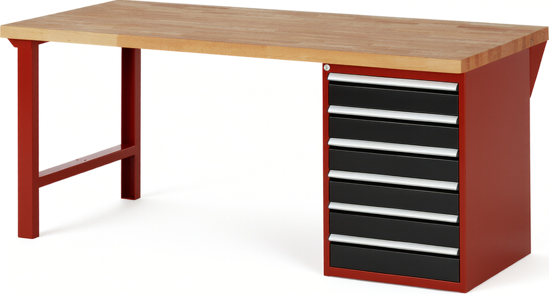 Werkbank Modell 7516 rot - schwarz, BxTxH 2000x900x890 mm,  Buche-Massiv Arbeitsplatte 40 mm,  6 Schubladen mit  Vollauszug 100 % und  SoftClosing