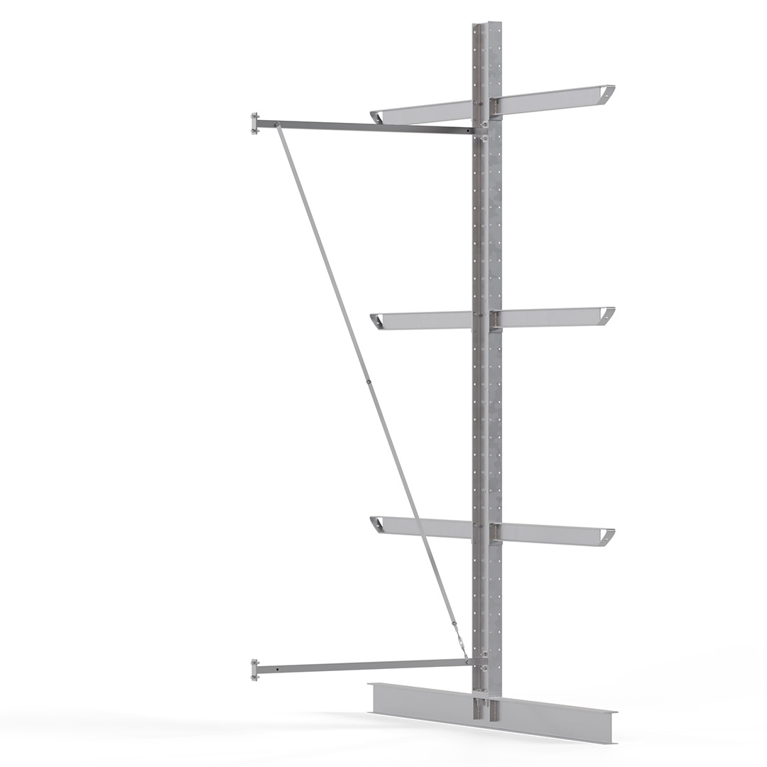 Kragarmregal KARL heavy - feuerverzinkt - Anbaufeld - Breite: 150 cm - Höhe: 400 cm - Tiefe: 258 cm - Traglast je Arm: 800 kg - doppelseitig