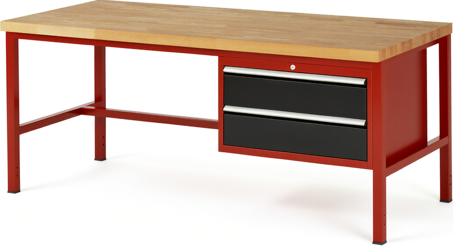 Werkbank Modell 8225 rot - schwarz, BxTxH 2000x900x840 mm,  Buche-Massiv Arbeitsplatte 40 mm,  2 Schubladen mit  Auszug 90 %