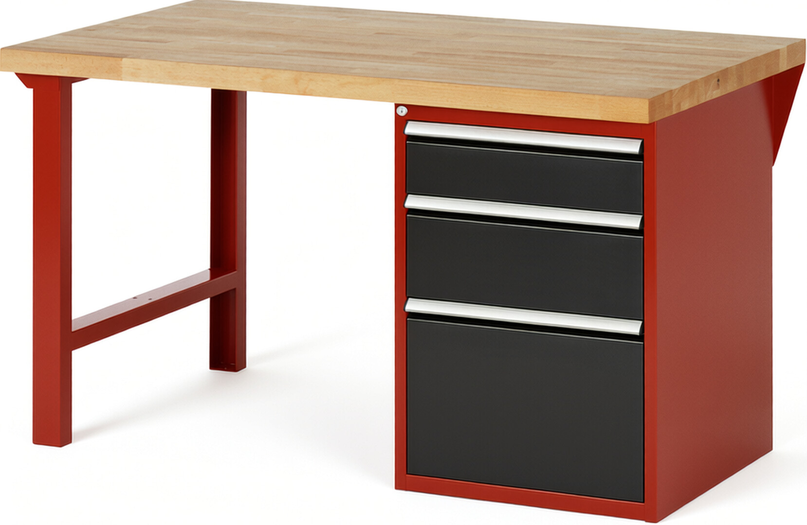 Werkbank Modell 7508 rot - schwarz, BxTxH 1500x900x890 mm,  Buche-Massiv Arbeitsplatte 40 mm,  3 Schubladen mit  Auszug 90 %