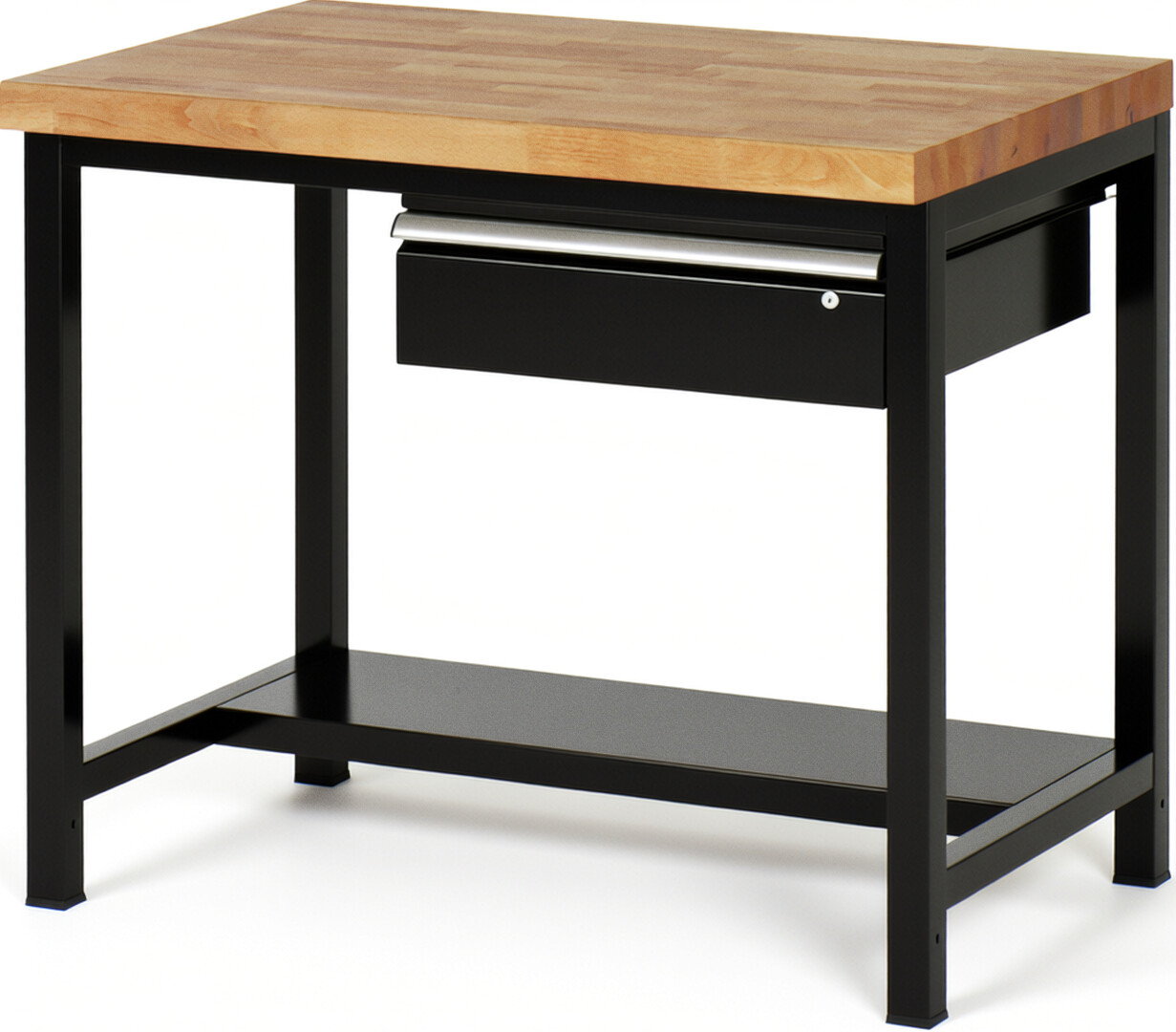 Werkbank Modell 8001 schwarz, BxTxH 1000x700x840 mm,  Buche-Massiv Arbeitsplatte 40 mm,  1 Schublade mit  Auszug 90 %