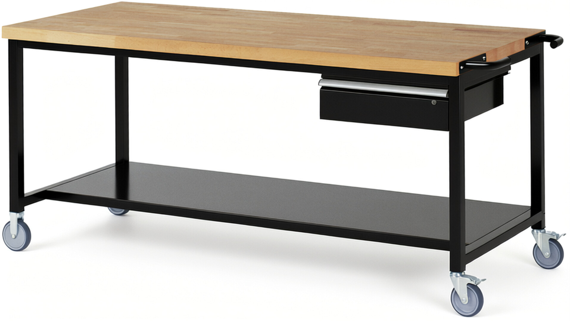 Fahrbare Werkbank Modell 8001 schwarz, BxTxH 2000x900x880 mm,  Buche-Massiv Arbeitsplatte 40 mm,  1 Schublade mit  Auszug 90 %