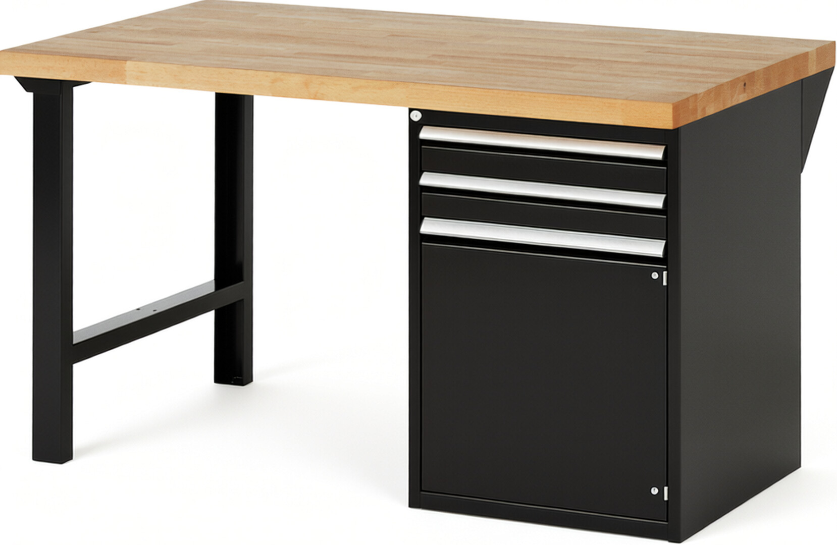 Werkbank Modell 7503 schwarz, BxTxH 1500x900x890 mm,  Buche-Massiv Arbeitsplatte 40 mm,  2 Schubladen mit  Auszug 90 %