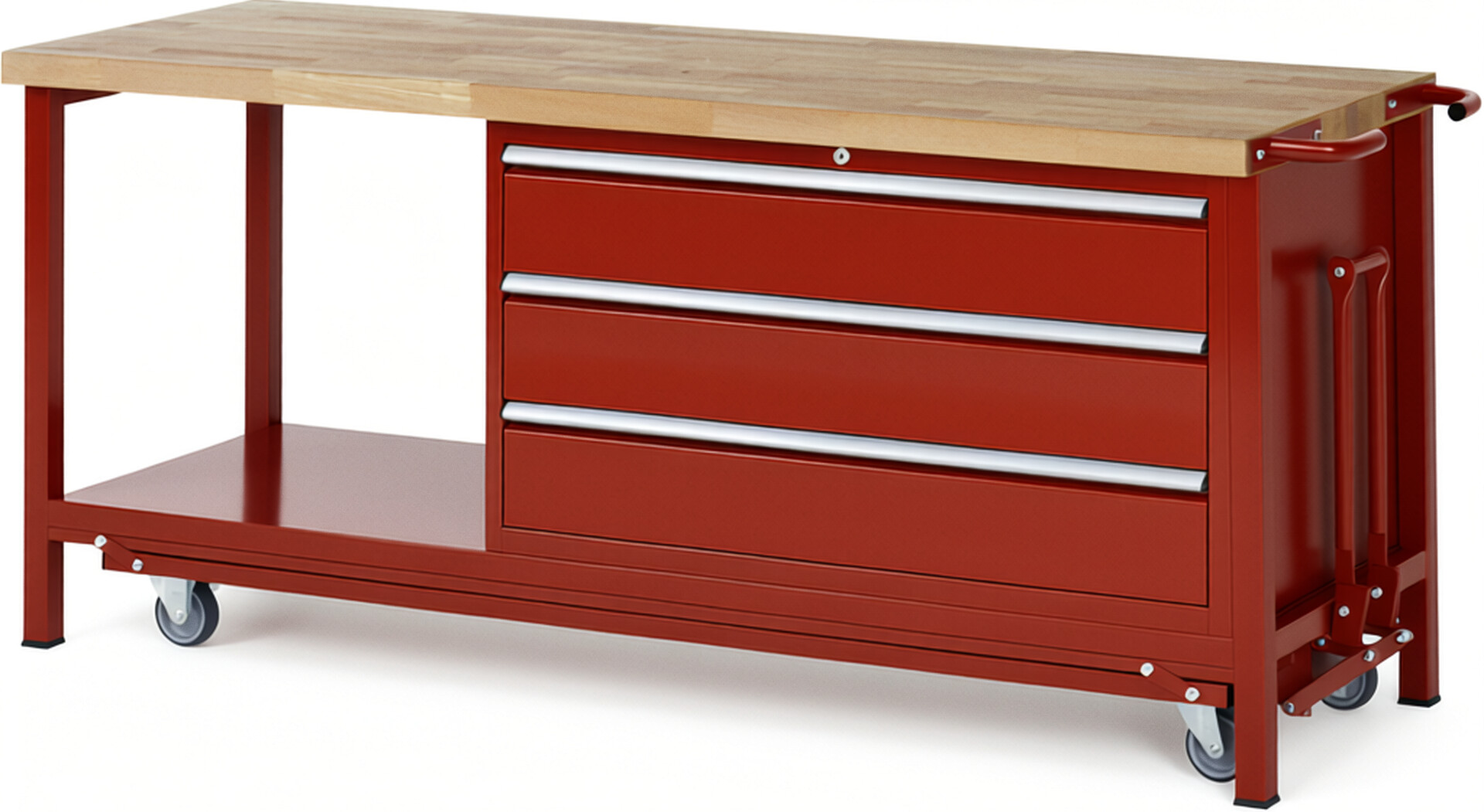 Absenkbare Werkbank Modell 8357 rot, BxTxH 2000x700x880 mm,  Buche-Massiv Arbeitsplatte 40 mm,  3 Schubladen mit  Auszug 90 %
