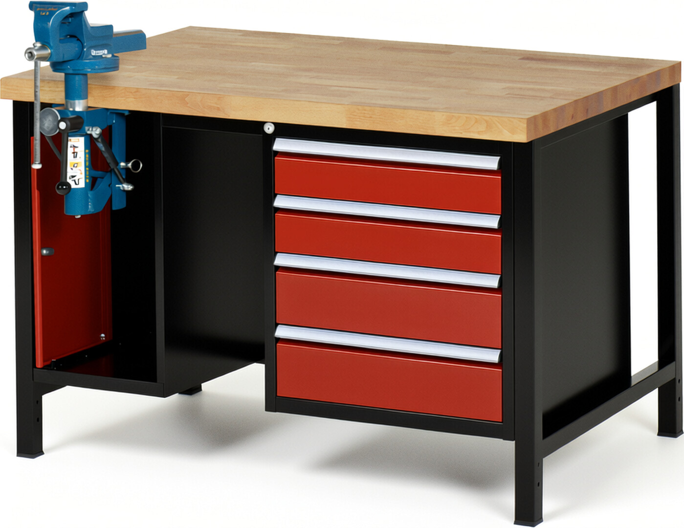 RAU Werkbank schwarz - rot - Breite 125 cm - Tiefe 90 cm - Höhe 104 cm - Buche-Massiv Arbeitsplatte 40 mm