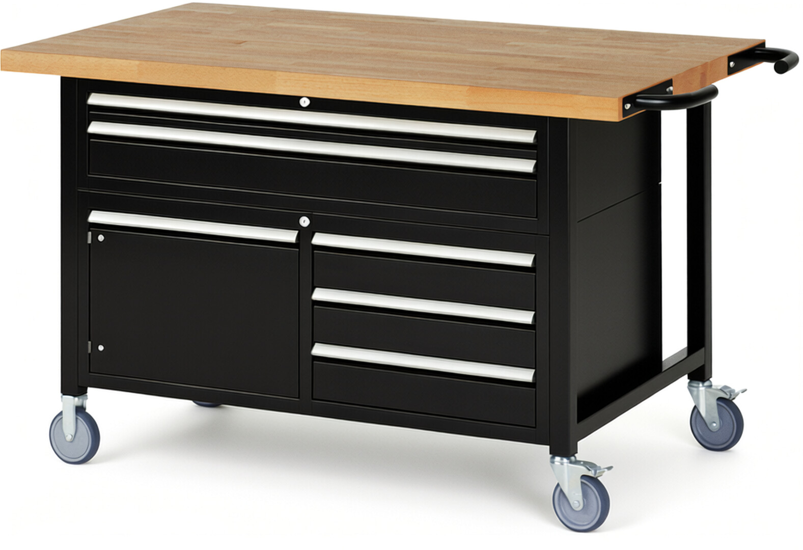 Fahrbare Werkbank Modell 8922 schwarz, BxTxH 1500x900x920 mm,  Buche-Massiv Arbeitsplatte 40 mm,  5 Schubladen mit  Vollauszug 100 % und  SoftClosing