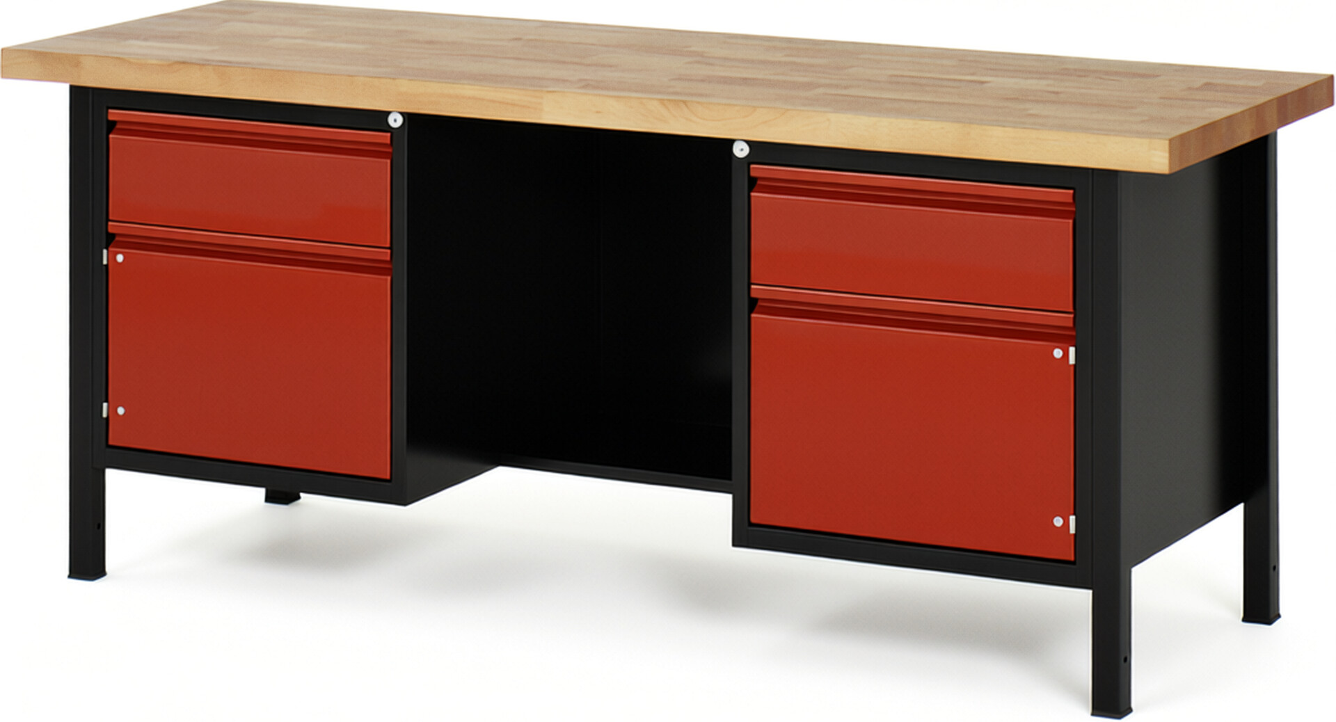 RAU Werkbank schwarz - rot - Breite 200 cm - Tiefe 70 cm - Höhe 104 cm - Buche-Massiv Arbeitsplatte 40 mm