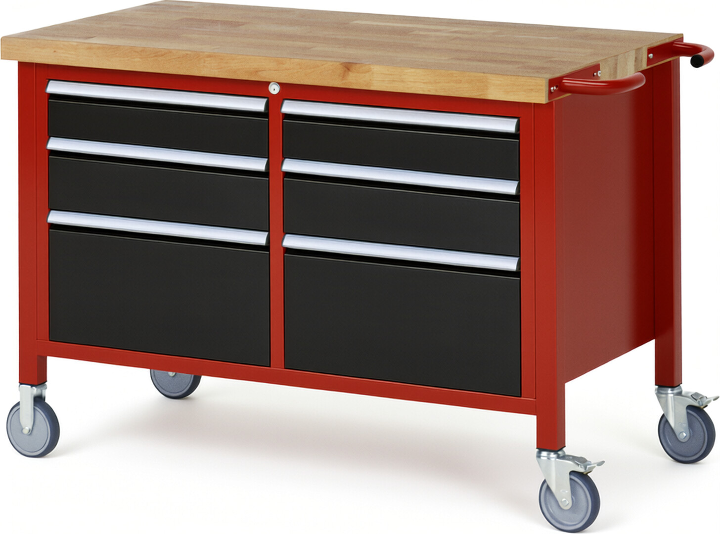 Fahrbare Werkbank Modell 8475 rot - schwarz, BxTxH 1250x700x880 mm,  Buche-Massiv Arbeitsplatte 40 mm,  6 Schubladen mit  Auszug 90 %