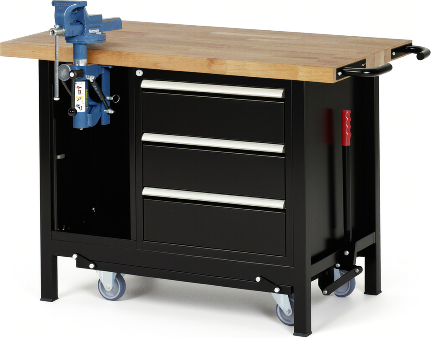 Absenkbare Werkbank Modell 8183 schwarz, BxTxH 1250x700x880 mm,  Buche-Massiv Arbeitsplatte 40 mm,  3 Schubladen mit  Vollauszug 100 % und  SoftClosing