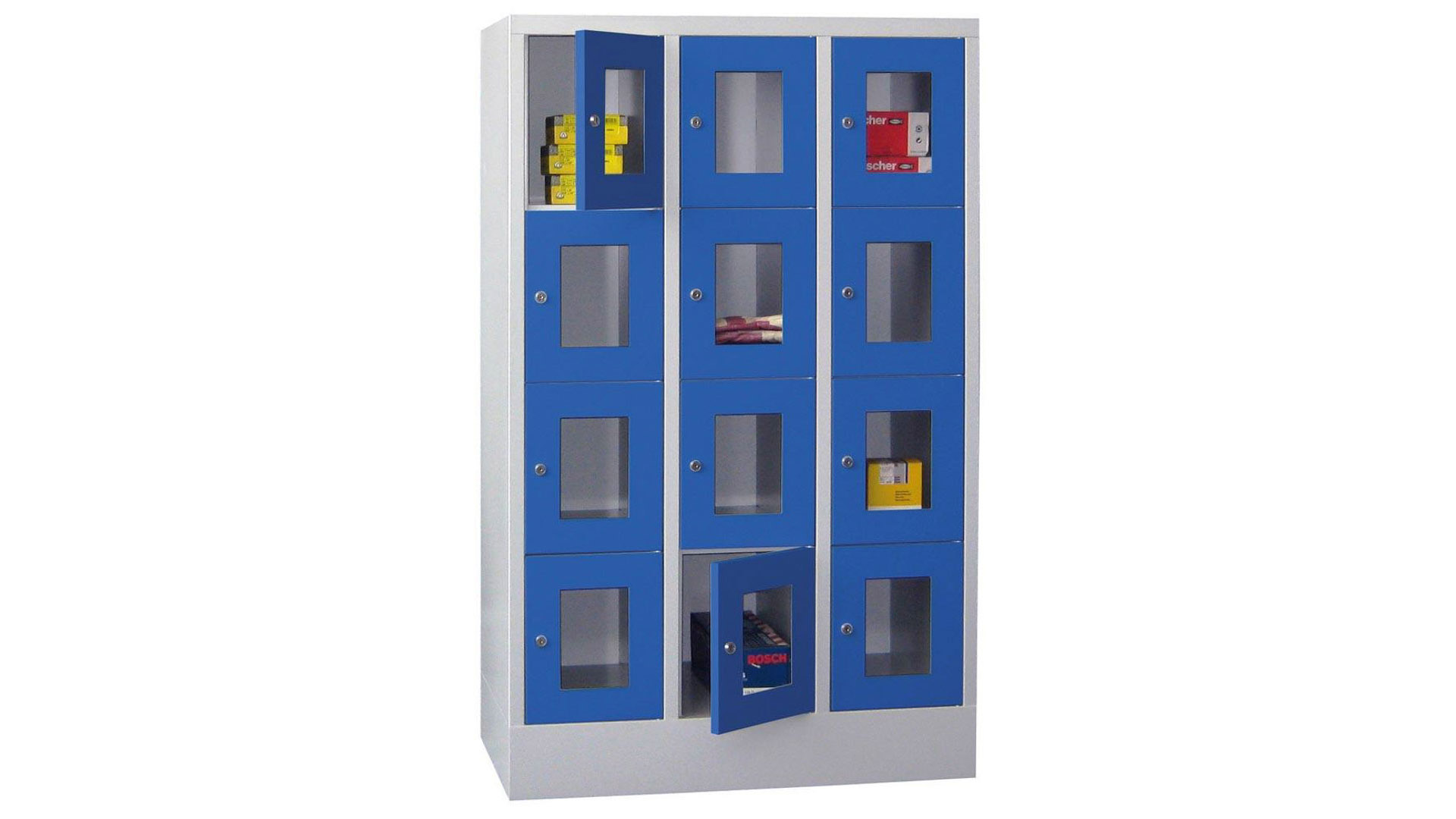 Fächerschränke mit Sichtfenstertüren, Breite 90 cm, Höhe 151,8 cm, Tiefe 50 cm, 3x4 Fächer