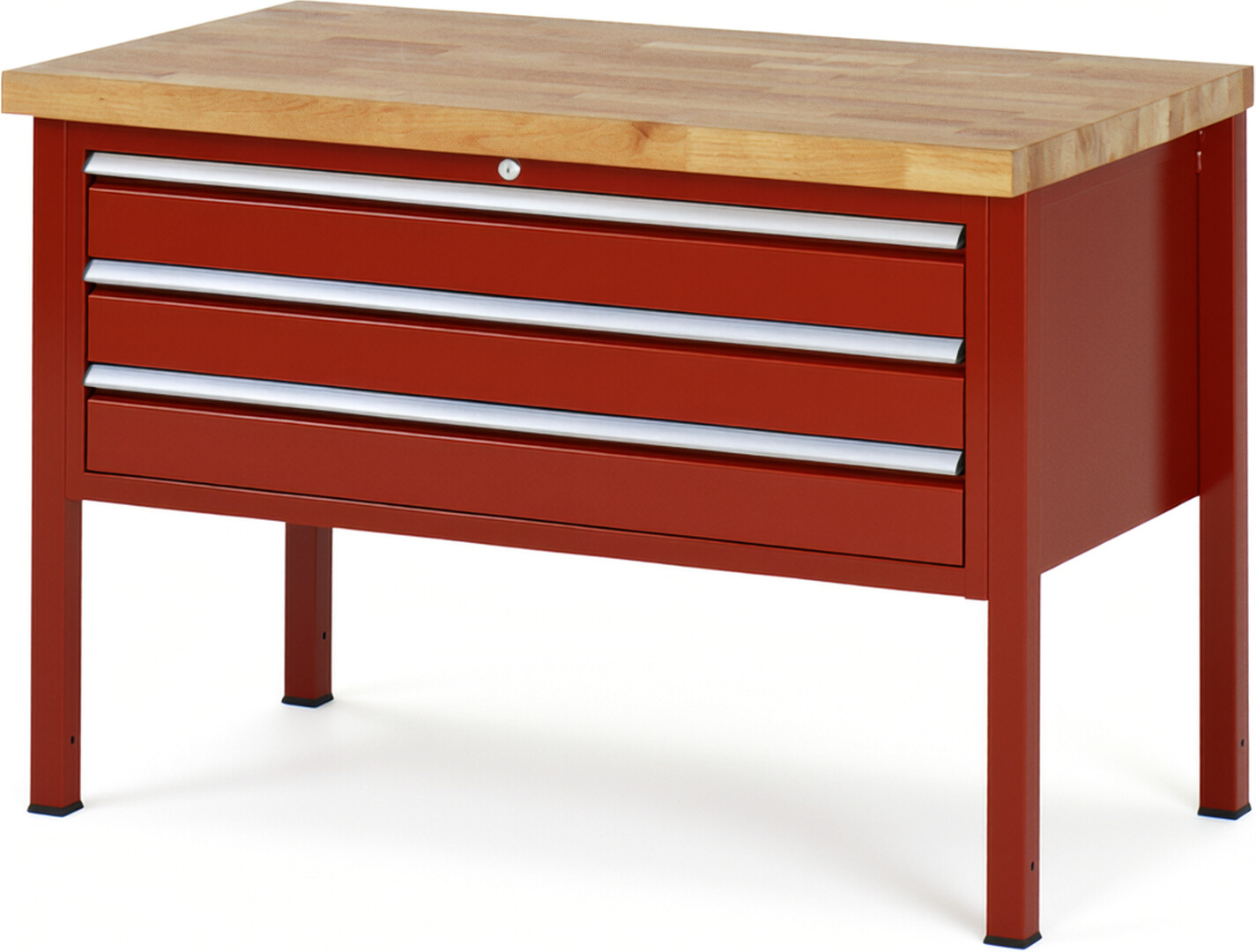 Werkbank Modell 8327 rot, BxTxH 1250x700x840 mm,  Buche-Massiv Arbeitsplatte 40 mm,  3 Schubladen mit  Vollauszug 100 % und  SoftClosing
