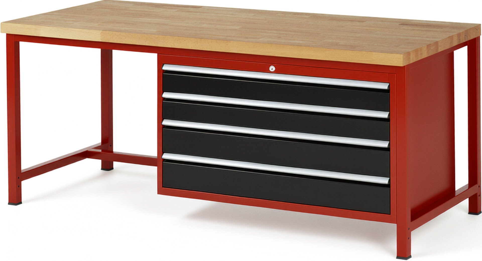 Werkbank Modell 8362 rot - schwarz, BxTxH 2000x900x840-1040 mm,  Buche-Massiv Arbeitsplatte 40 mm,  4 Schubladen mit  Vollauszug 100 % und  SoftClosing