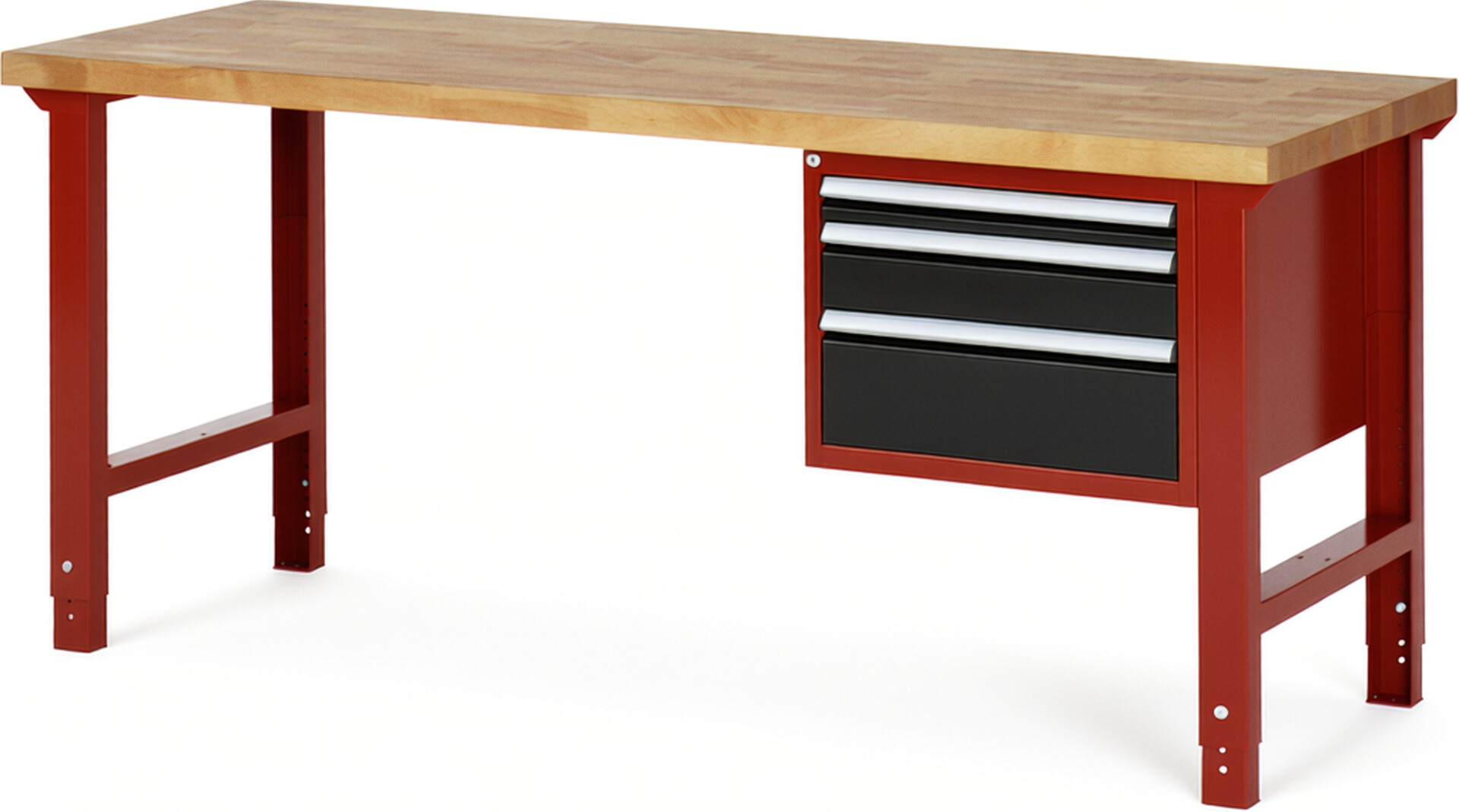 Werkbank Modell 7126 rot - schwarz, BxTxH 2000x700x790-1140 mm,  Buche-Massiv Arbeitsplatte 40 mm,  3 Schubladen mit  Auszug 90 %