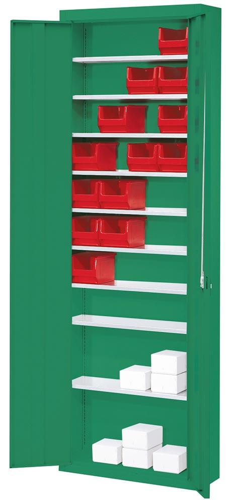 Flügeltürenschrank, BxTxH 680x280x2150 mm, RAL 6011 resedagrün, Fachlast 50 kg
