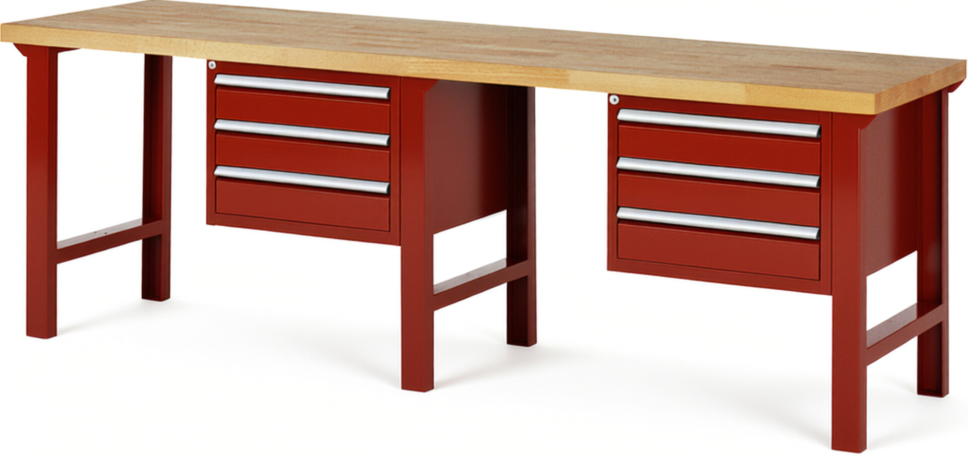Werkbank Modell 7127 rot, BxTxH 2500x700x840 mm,  Buche-Massiv Arbeitsplatte 40 mm,  6 Schubladen mit  Vollauszug 100 % und  SoftClosing