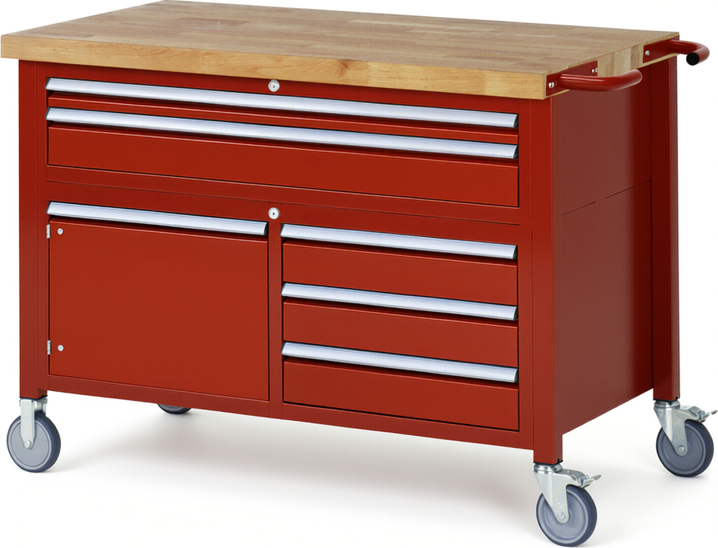 Fahrbare Werkbank Modell 8922 rot, BxTxH 1250x700x920-1120 mm,  Buche-Massiv Arbeitsplatte 40 mm,  5 Schubladen mit  Auszug 90 %