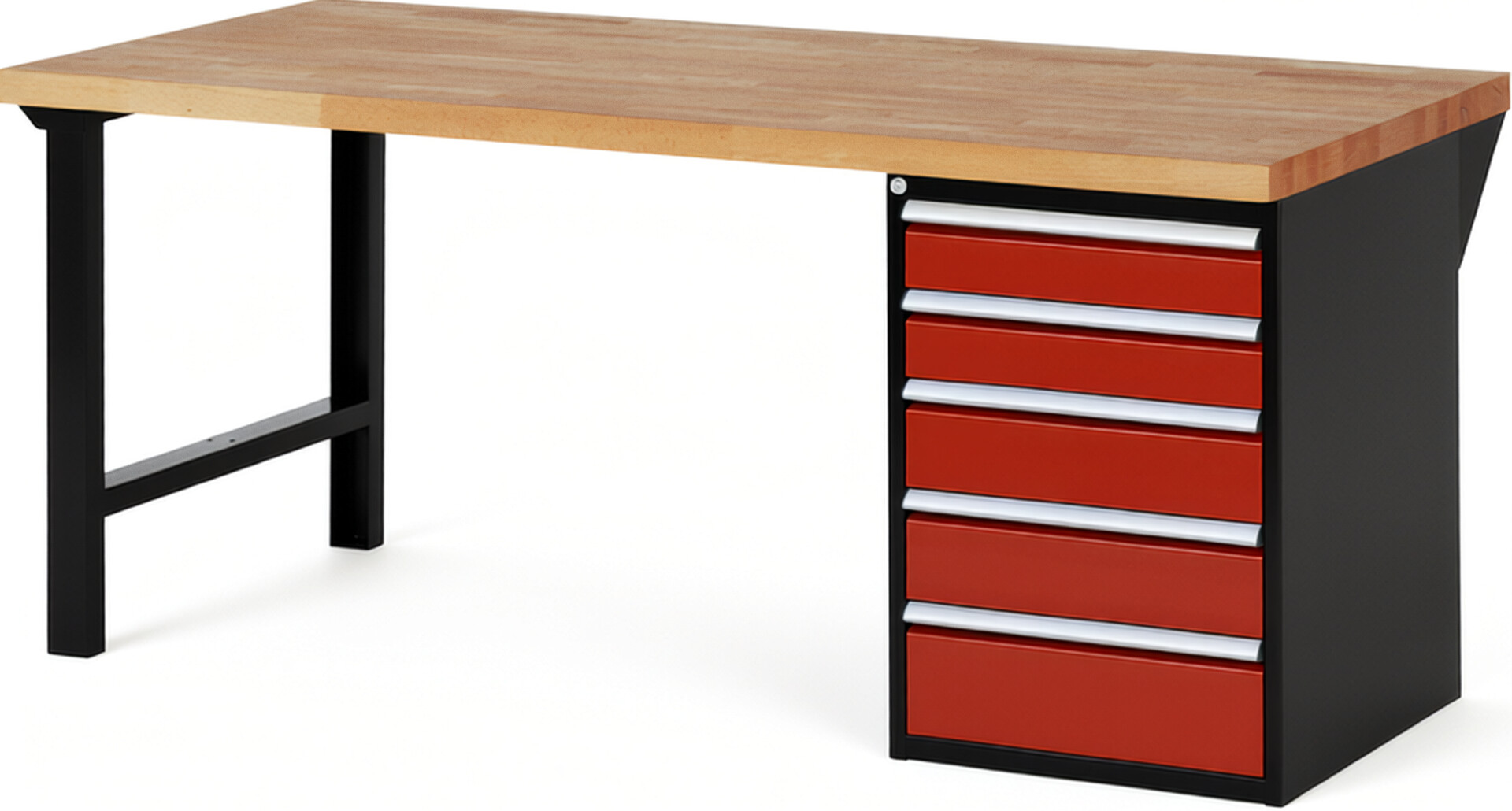 RAU Werkbank schwarz - rot - Breite 200 cm - Tiefe 90 cm - Höhe 89 cm - Buche-Massiv Arbeitsplatte 40 mm