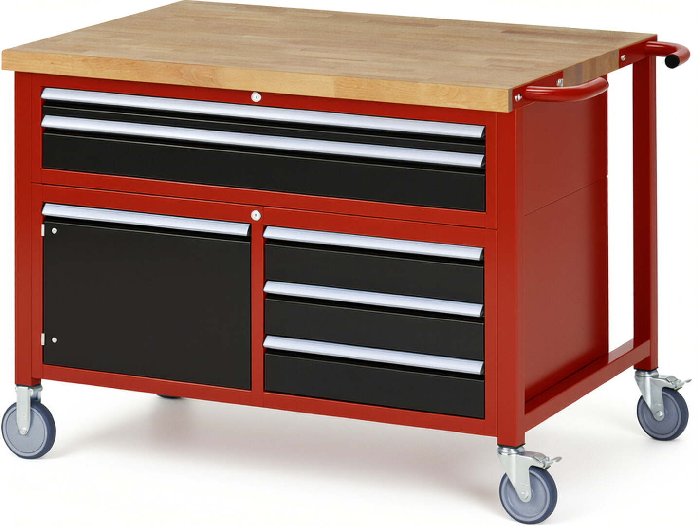 Fahrbare Werkbank Modell 8922 rot - schwarz, BxTxH 1250x900x920 mm,  Buche-Massiv Arbeitsplatte 40 mm,  5 Schubladen mit  Vollauszug 100 % und  SoftClosing