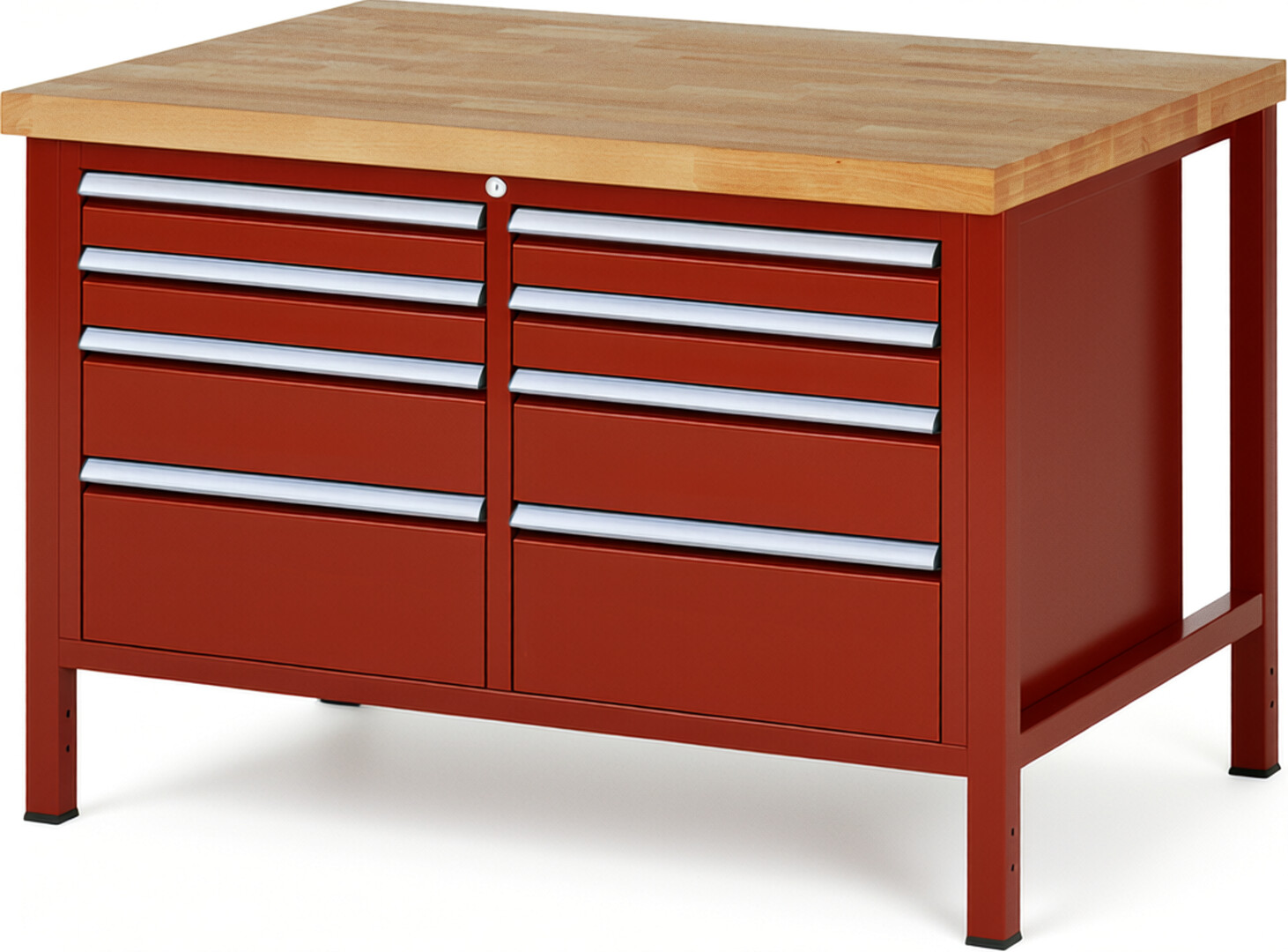 Werkbank Modell 8478 rot, BxTxH 1250x900x840 mm,  Buche-Massiv Arbeitsplatte 40 mm,  8 Schubladen mit  Vollauszug 100 % und  SoftClosing