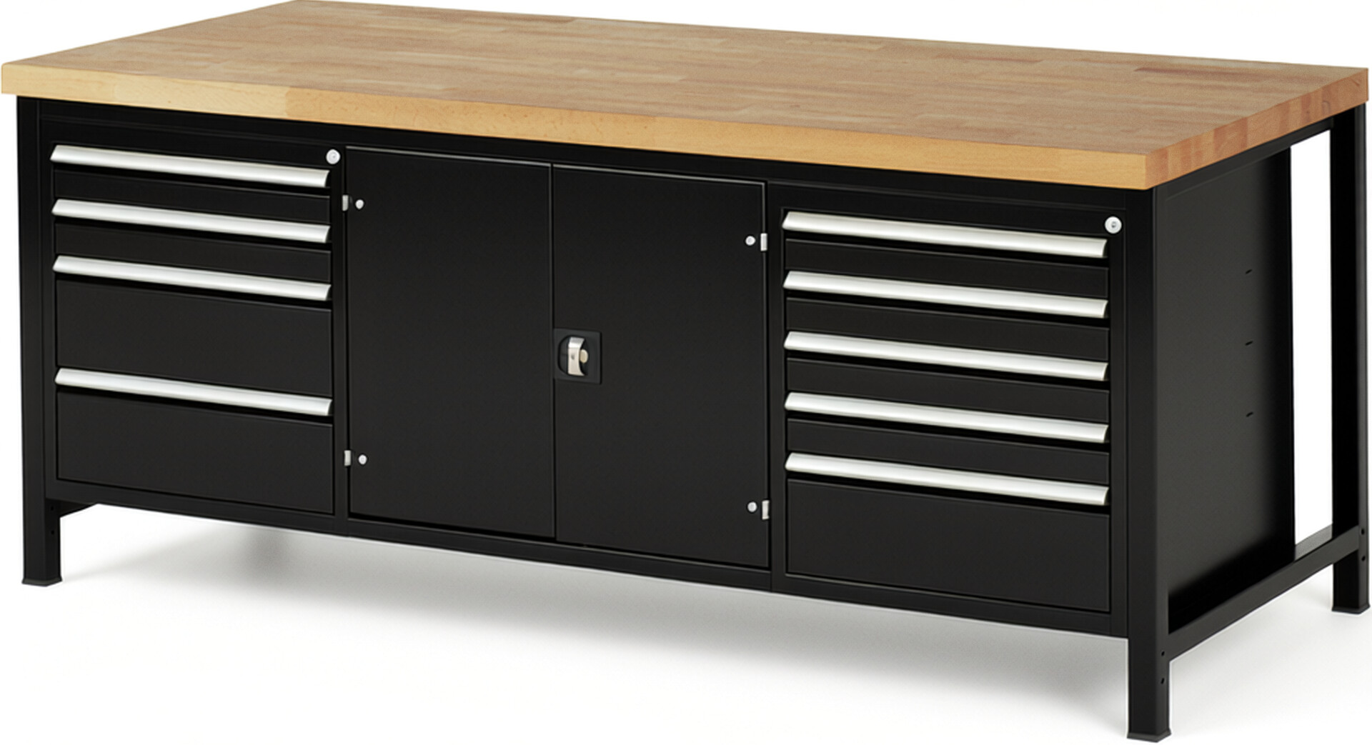 Werkbank Modell 8908 schwarz, BxTxH 2000x900x840 mm,  Buche-Massiv Arbeitsplatte 40 mm,  9 Schubladen mit  Auszug 90 %