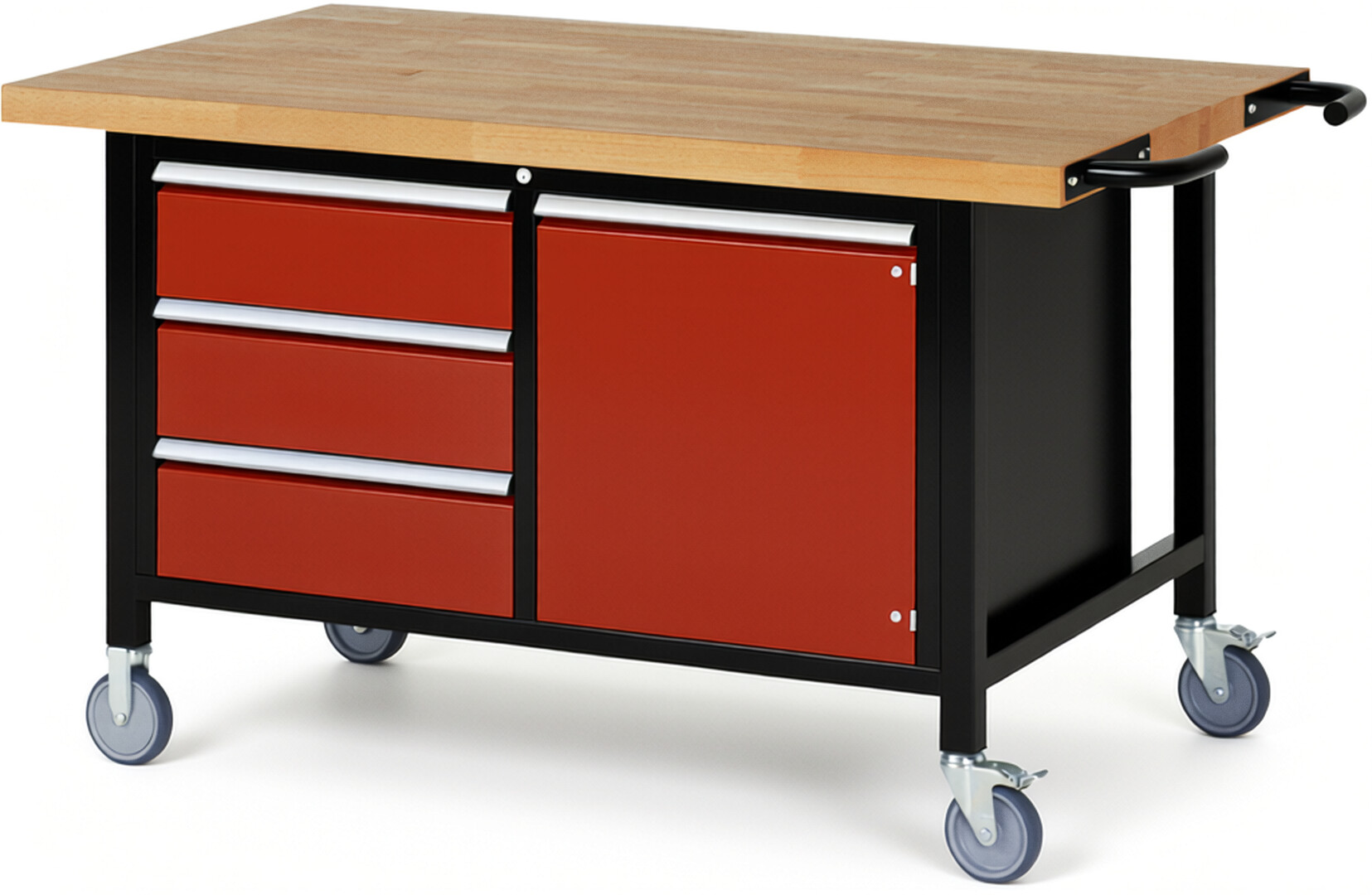 RAU Werkbank schwarz - rot - Breite 150 cm - Tiefe 90 cm - Höhe 108 cm - Buche-Massiv Arbeitsplatte 40 mm