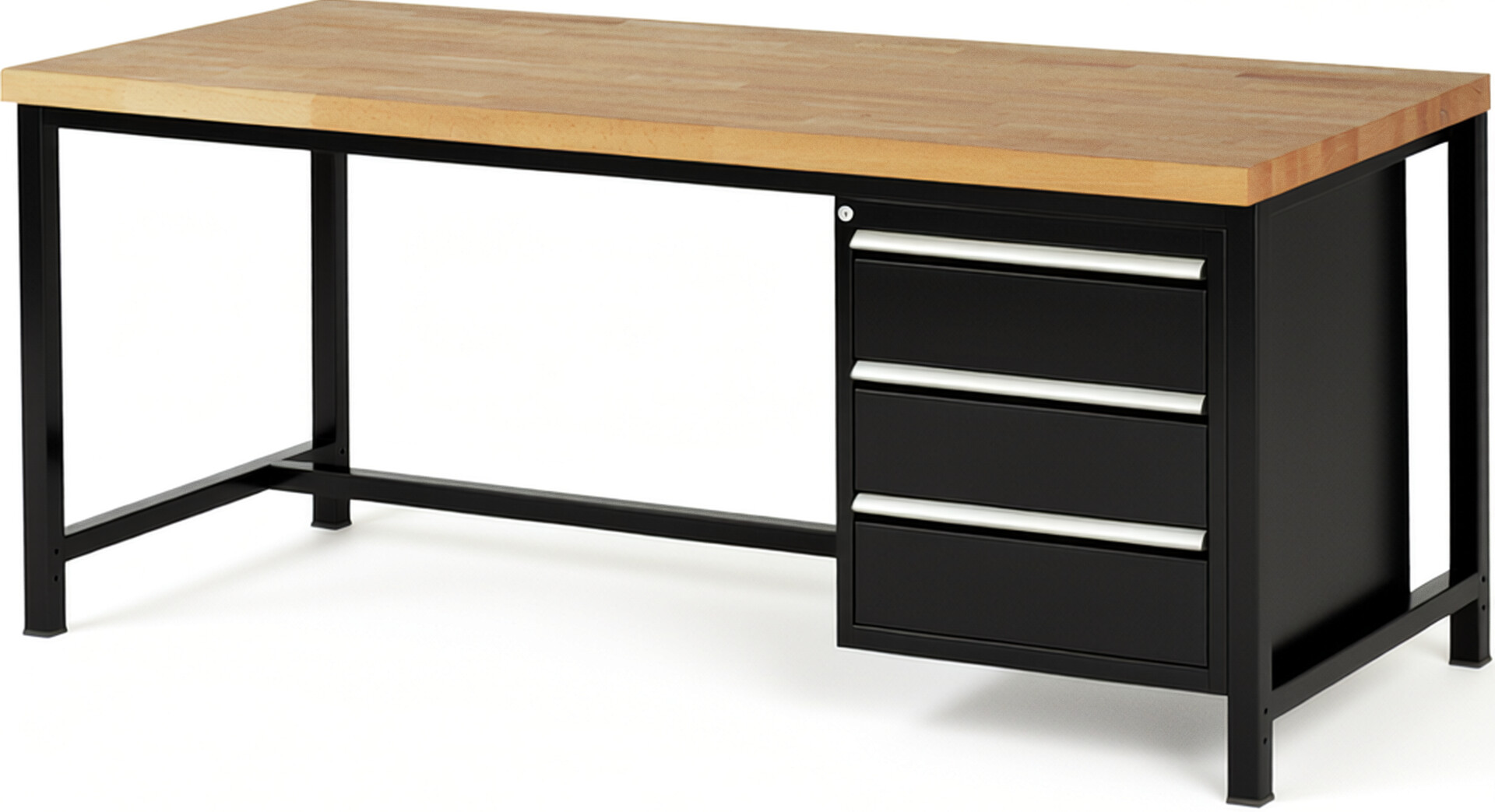 Werkbank Modell 8157 schwarz, BxTxH 2000x900x840 mm,  Buche-Massiv Arbeitsplatte 40 mm,  3 Schubladen mit  Vollauszug 100 % und  SoftClosing