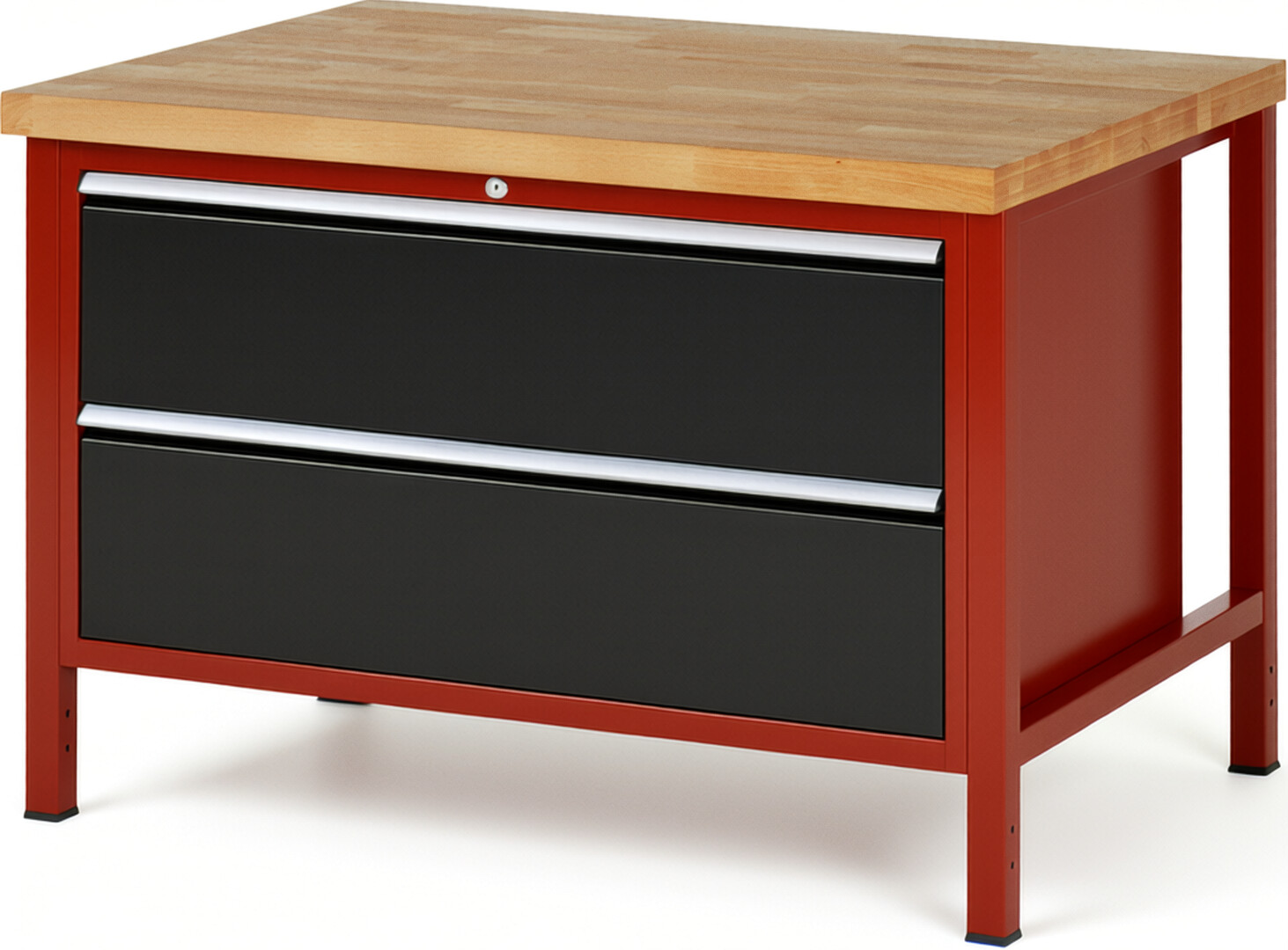 Werkbank Modell 8355 rot - schwarz, BxTxH 1250x900x840 mm,  Buche-Massiv Arbeitsplatte 40 mm,  2 Schubladen mit  Auszug 90 %