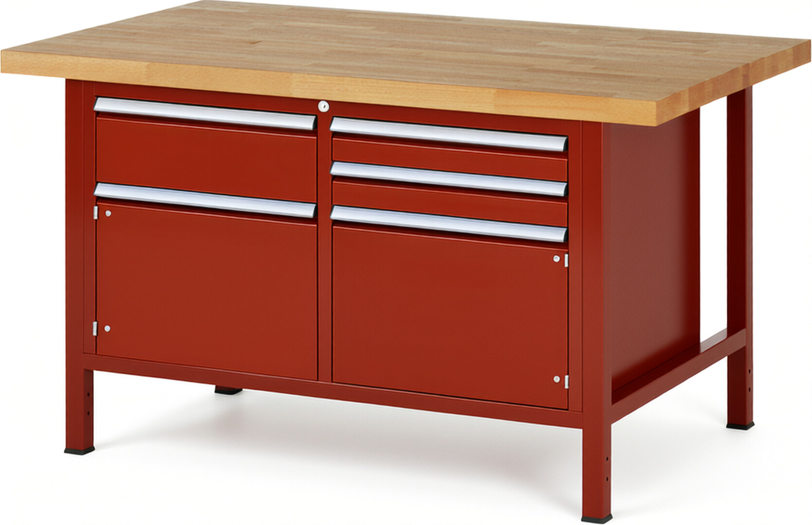Werkbank Modell 8467 rot, BxTxH 1500x900x840-1040 mm,  Buche-Massiv Arbeitsplatte 40 mm,  3 Schubladen mit  Vollauszug 100 % und  SoftClosing
