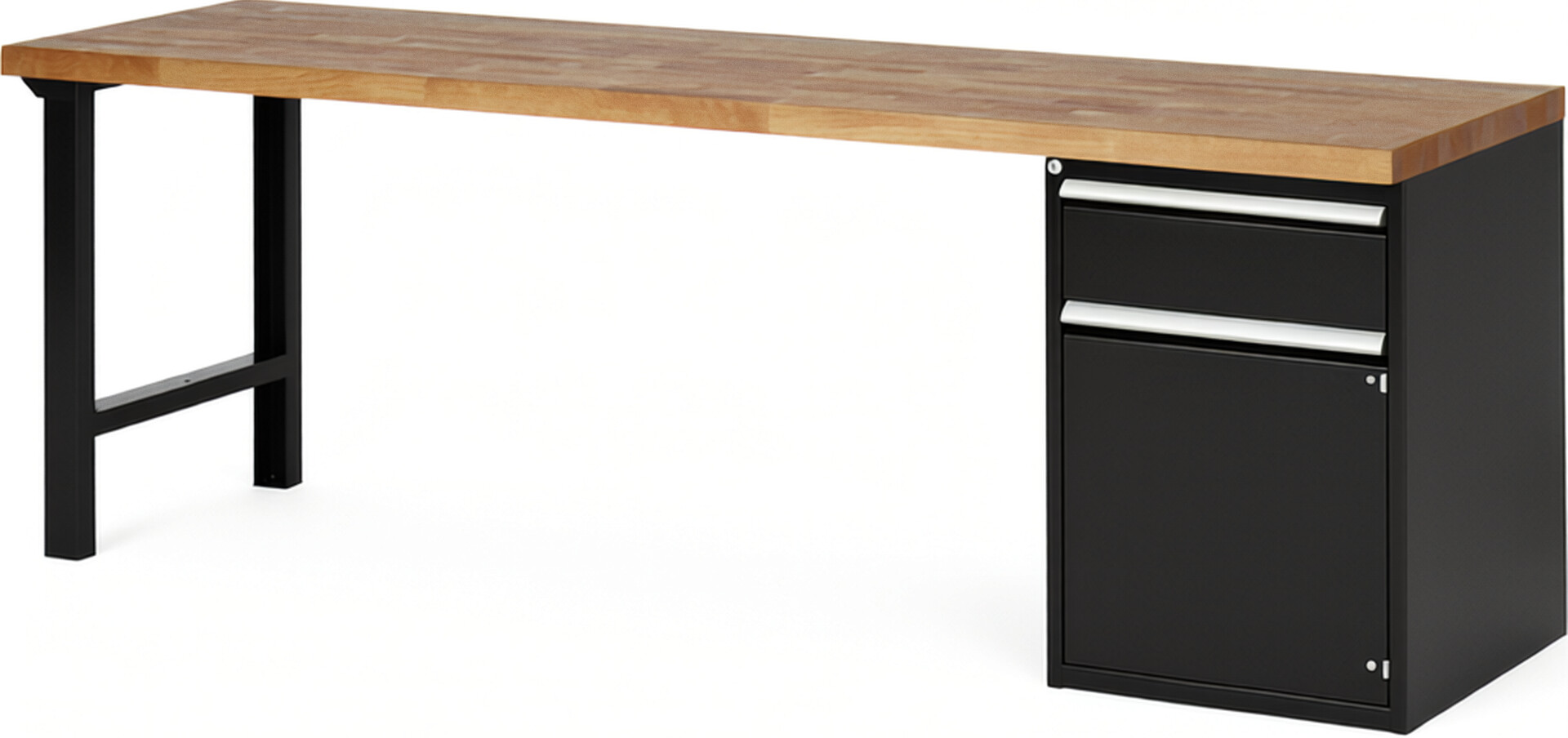 Werkbank Modell 7502 schwarz, BxTxH 2500x700x890 mm,  Buche-Massiv Arbeitsplatte 40 mm,  1 Schublade mit  Auszug 90 %