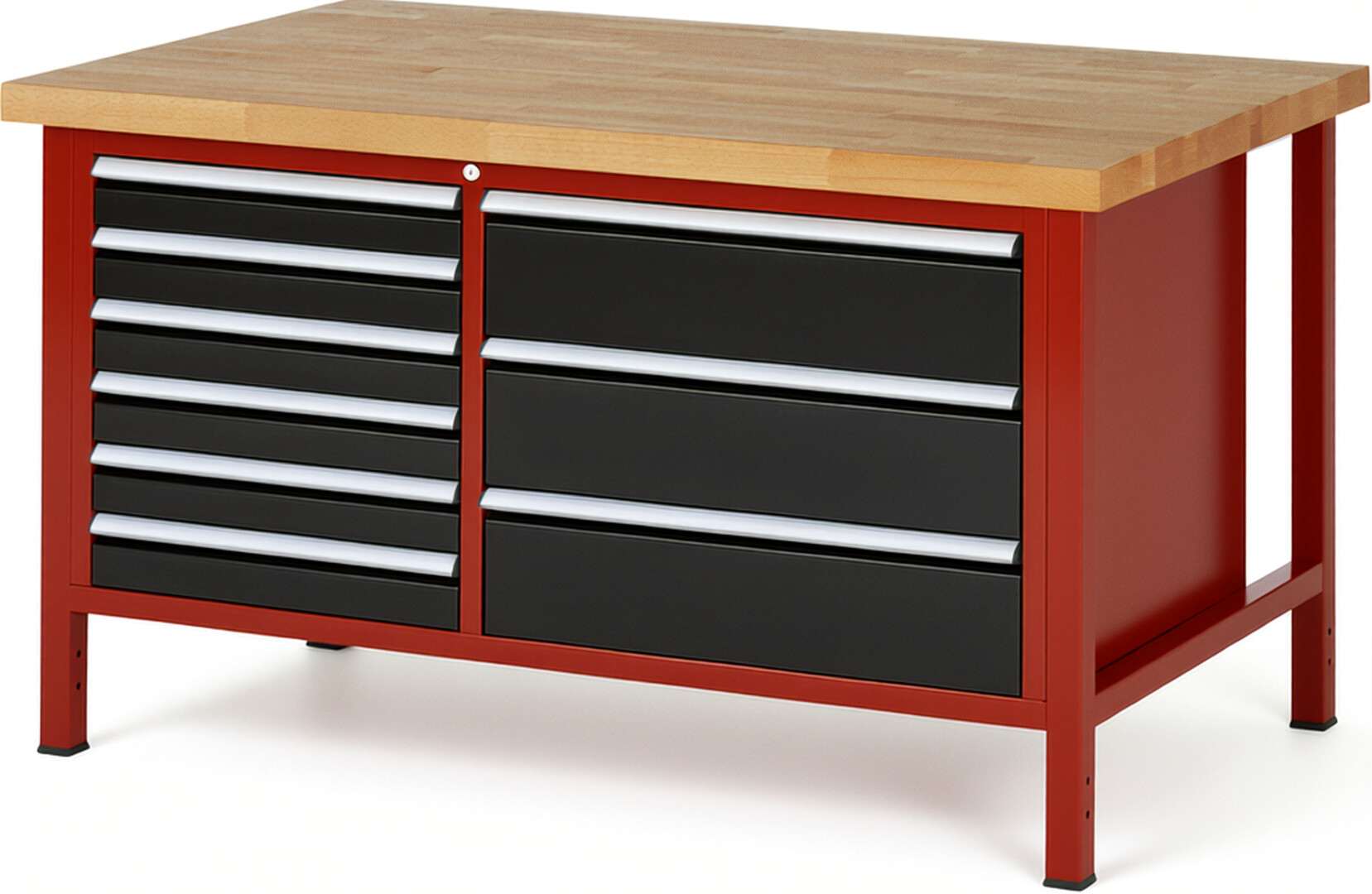 Werkbank Modell 8653 rot - schwarz, BxTxH 1500x900x840-1040 mm,  Buche-Massiv Arbeitsplatte 40 mm,  9 Schubladen mit  Auszug 90 %