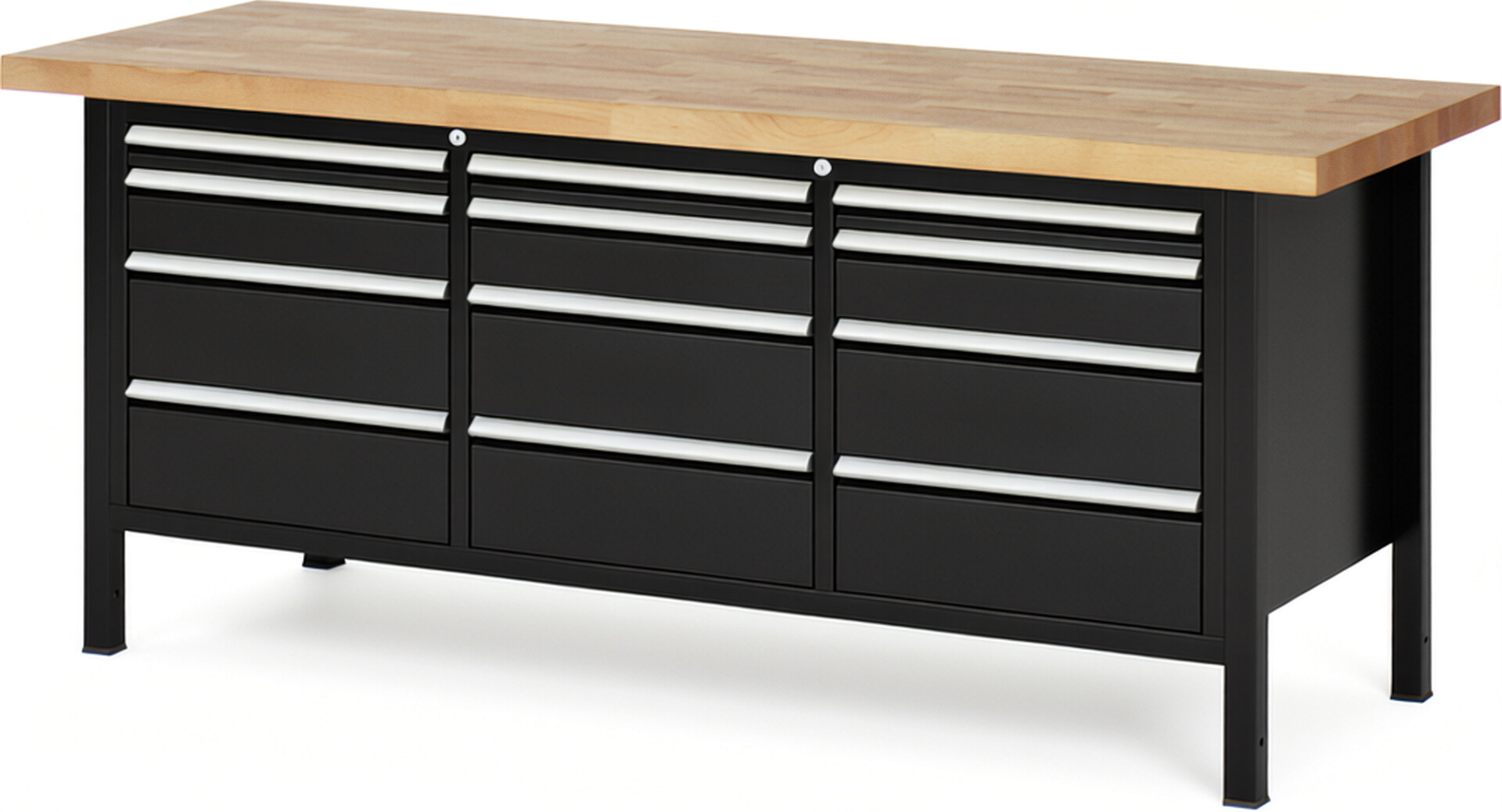 Werkbank Modell 8580 schwarz, BxTxH 2000x700x840 mm,  Buche-Massiv Arbeitsplatte 40 mm,  12 Schubladen mit  Auszug 90 %