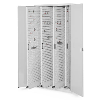 Werkzeugschrank - 4 Vertikalauszüge mit Lochplatten - Frontfarbe lichtgrau, Türen geschlossen, 1.950 x 1.000 x 600 mm (HxBxT)