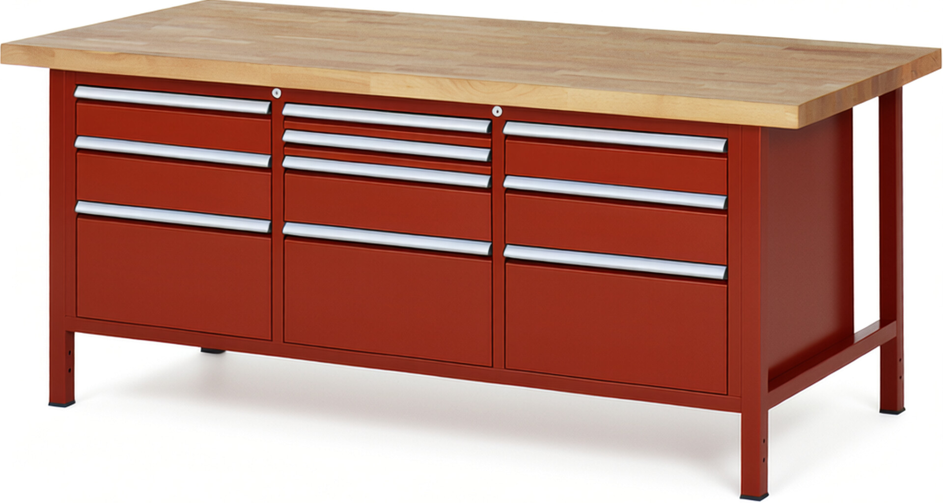 Werkbank Modell 8576 rot, BxTxH 2000x900x840 mm,  Buche-Massiv Arbeitsplatte 40 mm,  10 Schubladen mit  Auszug 90 %