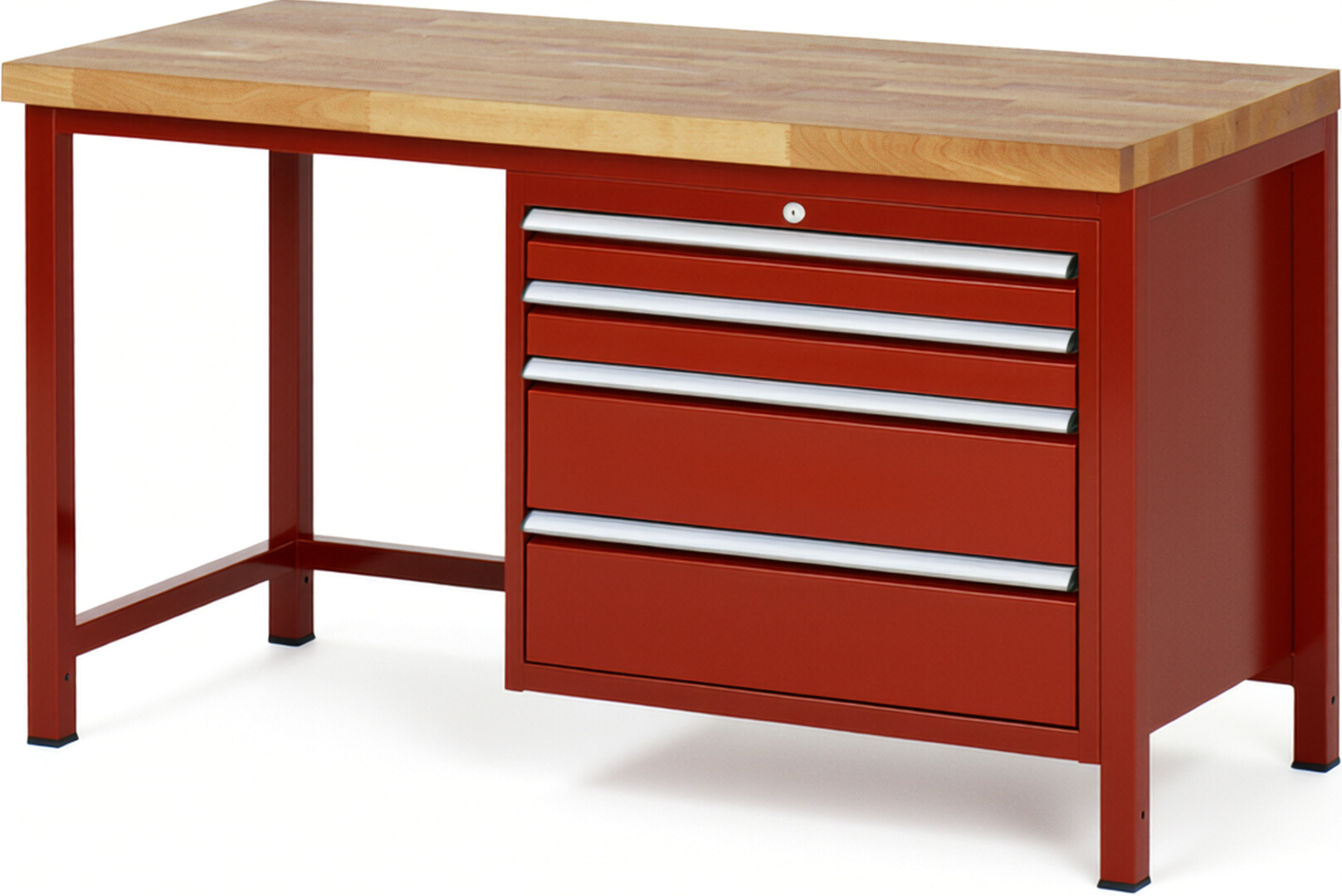 Werkbank Modell 8261 rot, BxTxH 1500x700x840-1040 mm,  Buche-Massiv Arbeitsplatte 40 mm,  4 Schubladen mit  Auszug 90 %