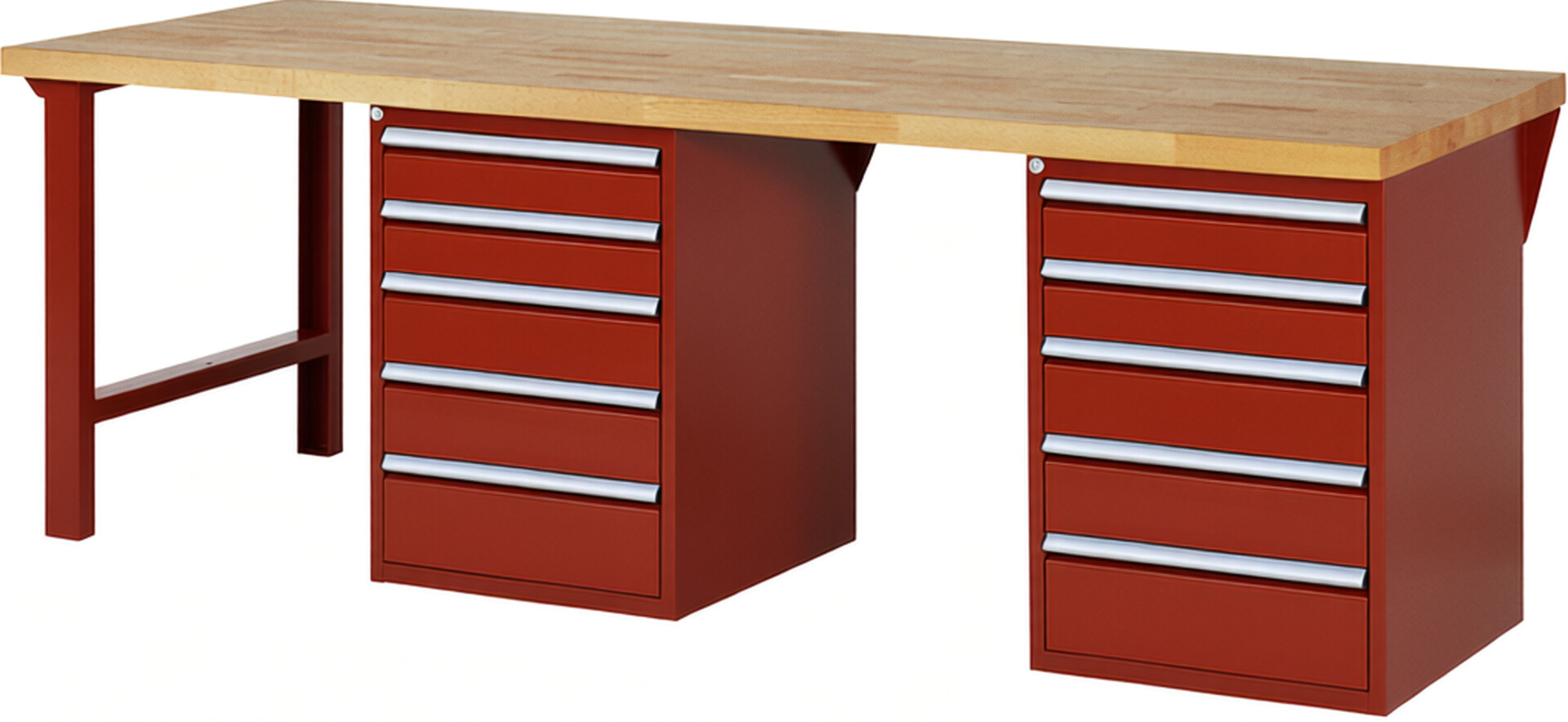 Werkbank Modell 7513 rot, BxTxH 2500x900x840 mm,  Buche-Massiv Arbeitsplatte 40 mm,  10 Schubladen mit  Vollauszug 100 % und  SoftClosing