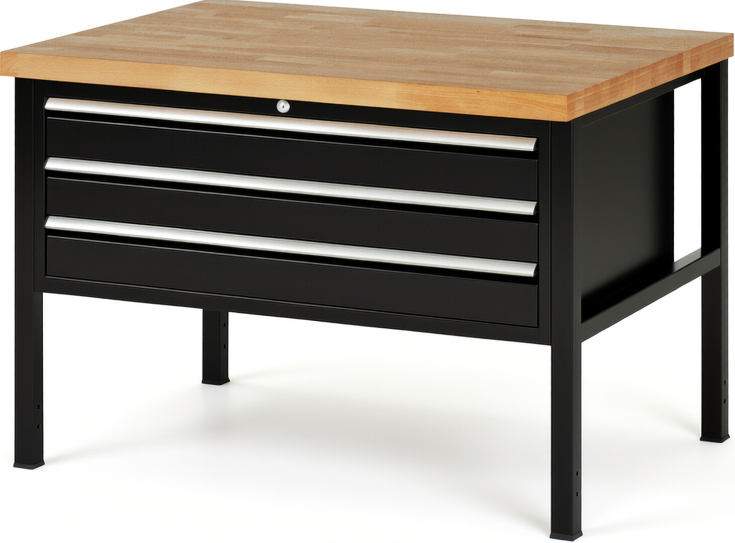 Werkbank Modell 8327 schwarz, BxTxH 1250x900x840 mm,  Buche-Massiv Arbeitsplatte 40 mm,  3 Schubladen mit  Auszug 90 %
