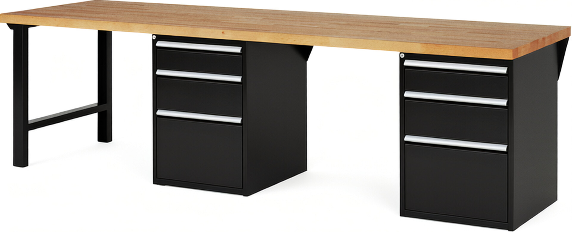 Werkbank Modell 7508 schwarz, BxTxH 3000x900x890 mm,  Buche-Massiv Arbeitsplatte 40 mm,  6 Schubladen mit  Auszug 90 %