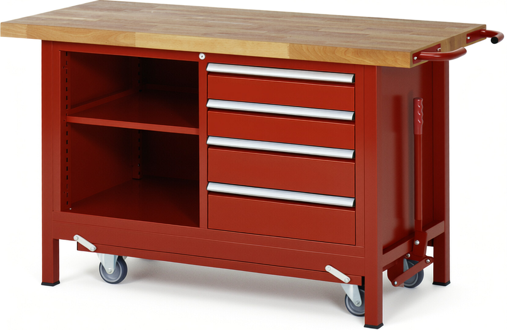 Absenkbare Werkbank Modell 8463 rot, BxTxH 1500x700x880 mm,  Buche-Massiv Arbeitsplatte 40 mm,  4 Schubladen mit  Auszug 90 %