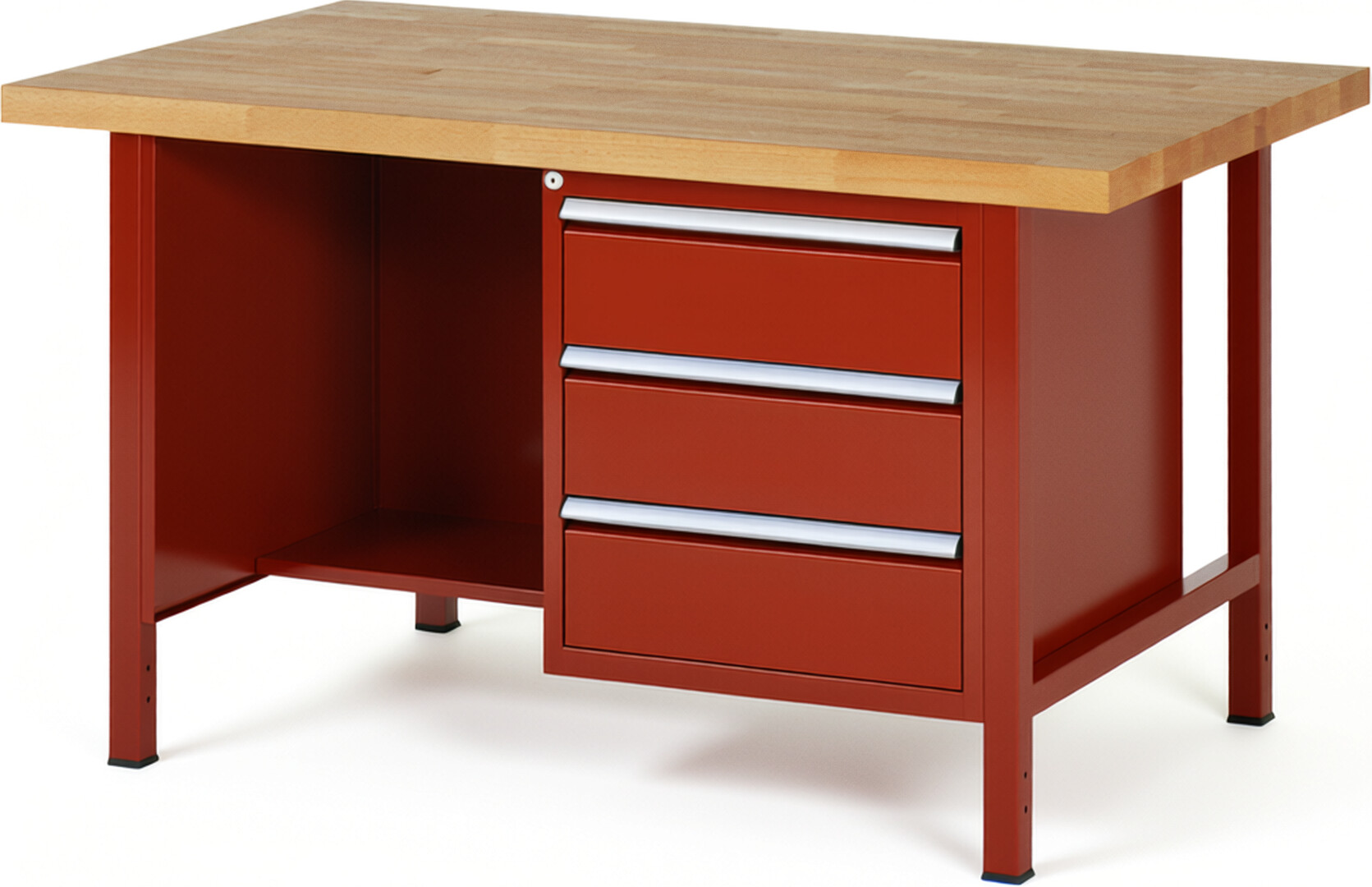 Werkbank Modell 8452 rot, BxTxH 1500x900x840 mm,  Buche-Massiv Arbeitsplatte 40 mm,  3 Schubladen mit  Vollauszug 100 % und  SoftClosing