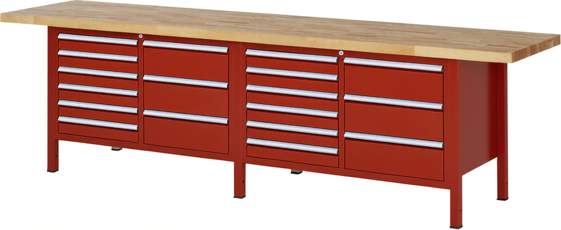 Werkbank Modell 8479 rot, BxTxH 3000x700x840-1040 mm,  Buche-Massiv Arbeitsplatte 40 mm,  18 Schubladen mit  Vollauszug 100 % und  SoftClosing