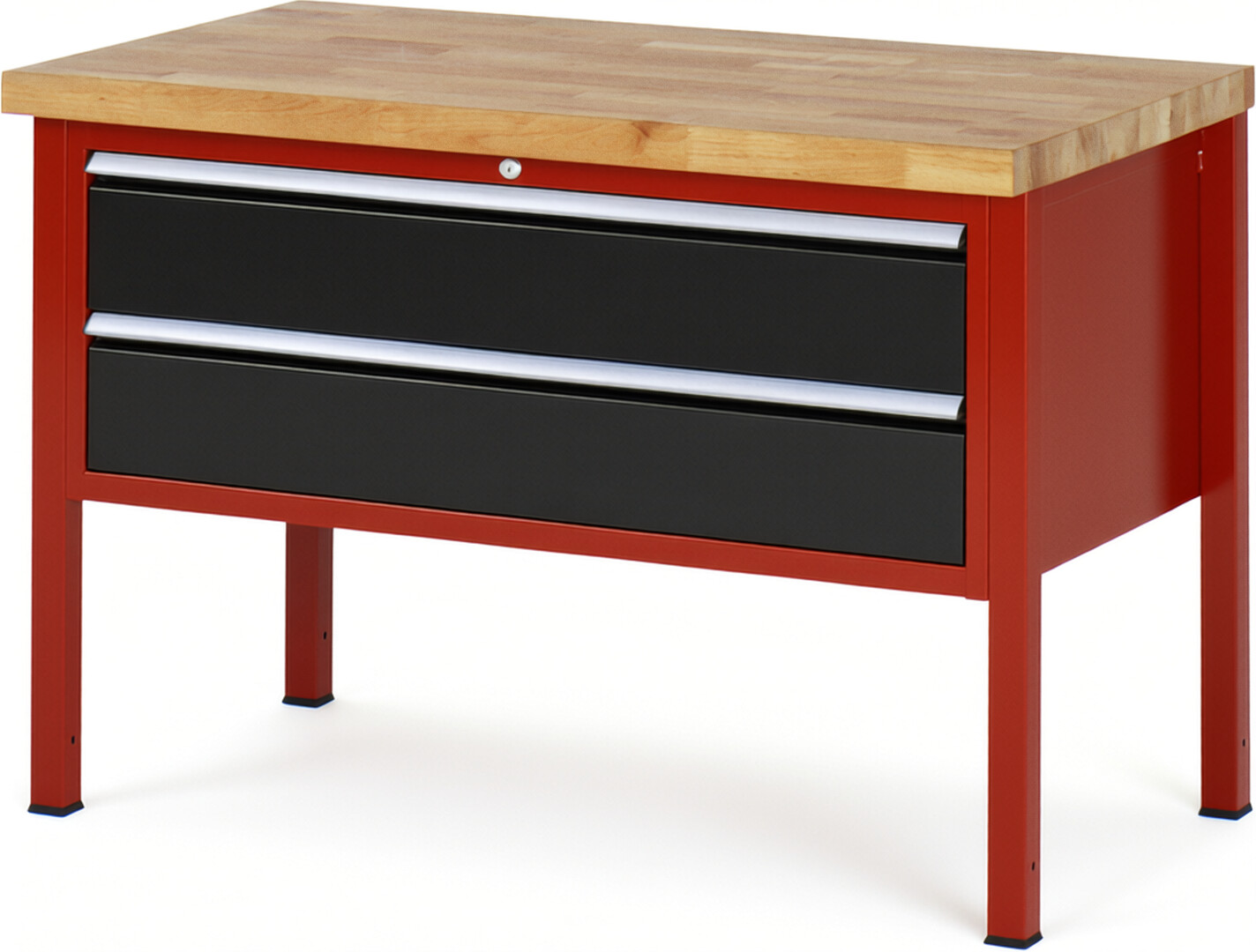 Werkbank Modell 8325 rot - schwarz, BxTxH 1250x700x840 mm,  Buche-Massiv Arbeitsplatte 40 mm,  2 Schubladen mit  Vollauszug 100 % und  SoftClosing